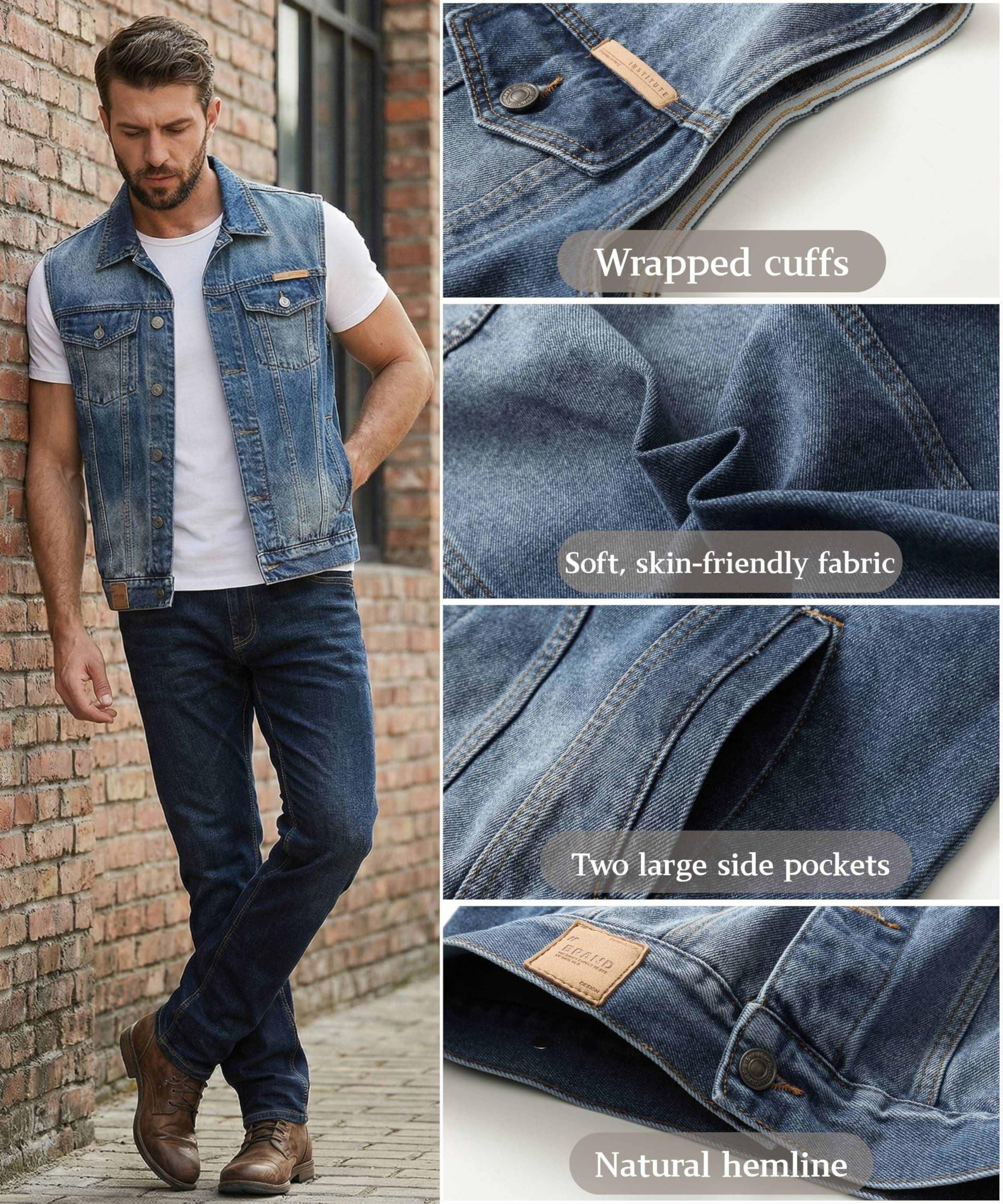 Gilet Jeans per Uomo Multi Tasca Denim Gilets Vintage Cotone Gilet da Moto Senza Maniche Jeans Capispalla Casual Cowboy Giacca