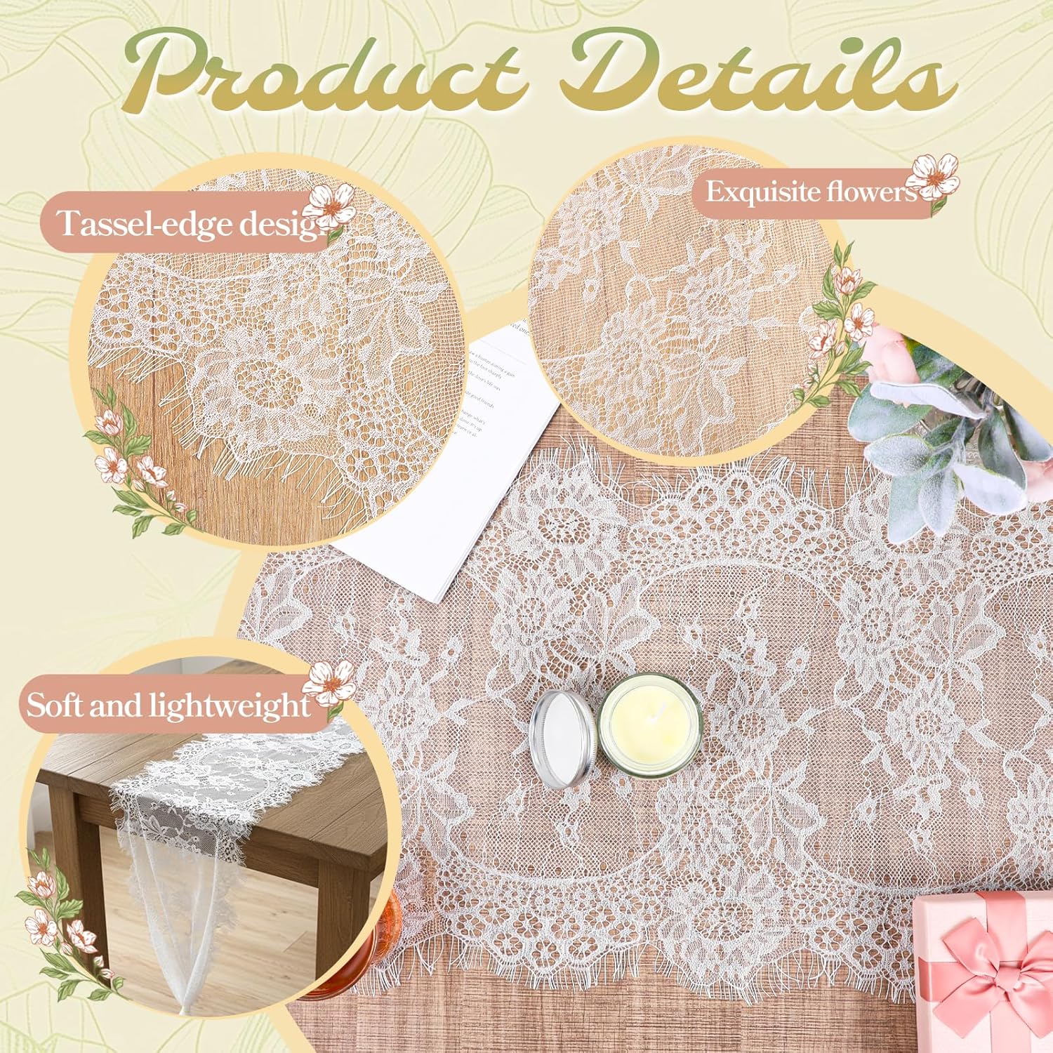 12 Pack White Lace Table Runners 14 x 120 Inch White Rustic Lace Fabric Table Runners with Rose Embroidered Floral Vintage Table-Runner for Party Wedding Bridal Shower Decorations