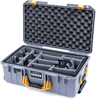 ColorCase Pelican Air 1535 Carry-on Case Silver - Medium Size Waterproof Case with Gray Padded Microfiber Dividers & Convoluted Lid Foam - Yellow Handles & Latches