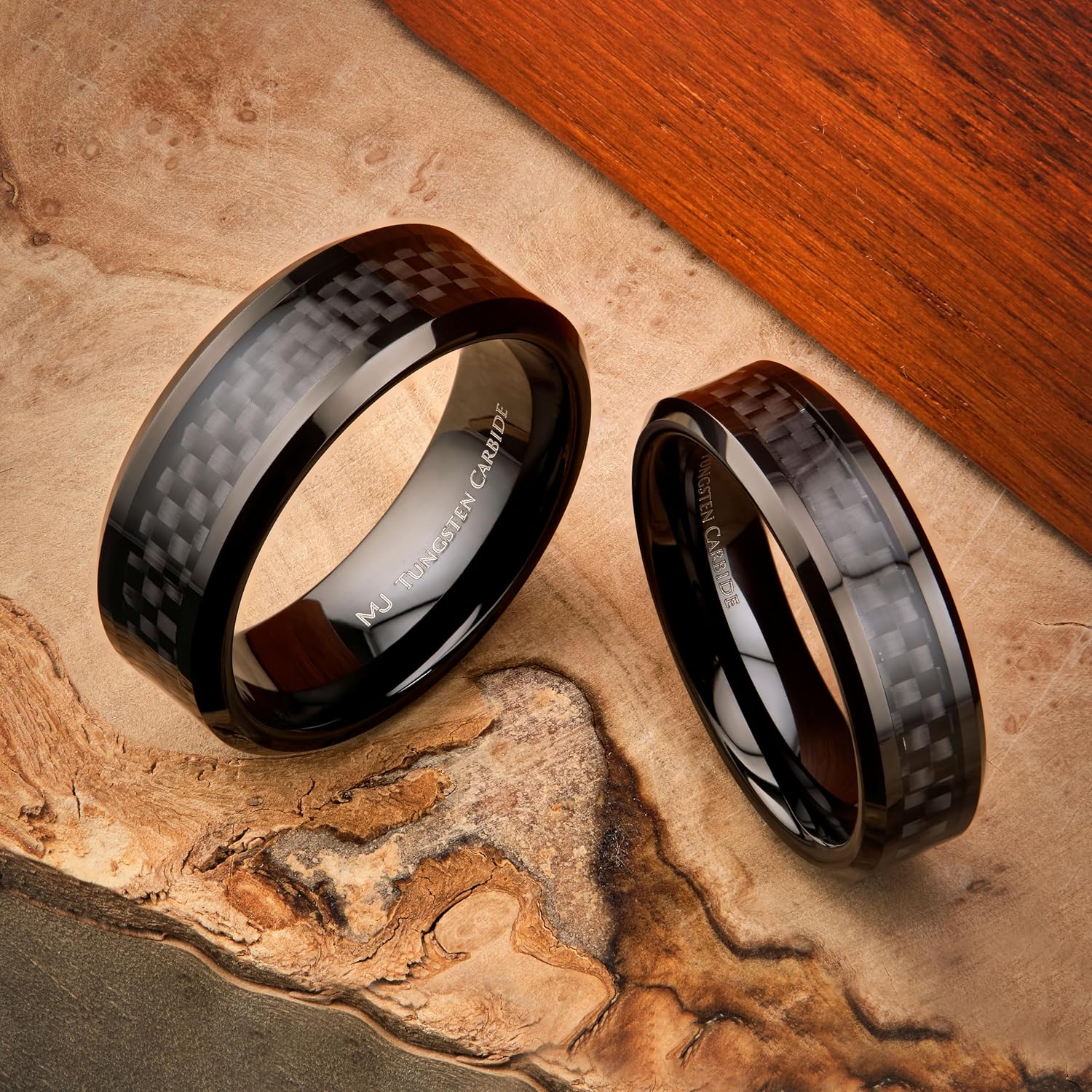 Custom Engraved 6mm or 8mm Mirror Polished or Black Plated Tungsten Carbide COMFORT FIT Wedding Band Black Carbon Fiber Inlay Ring