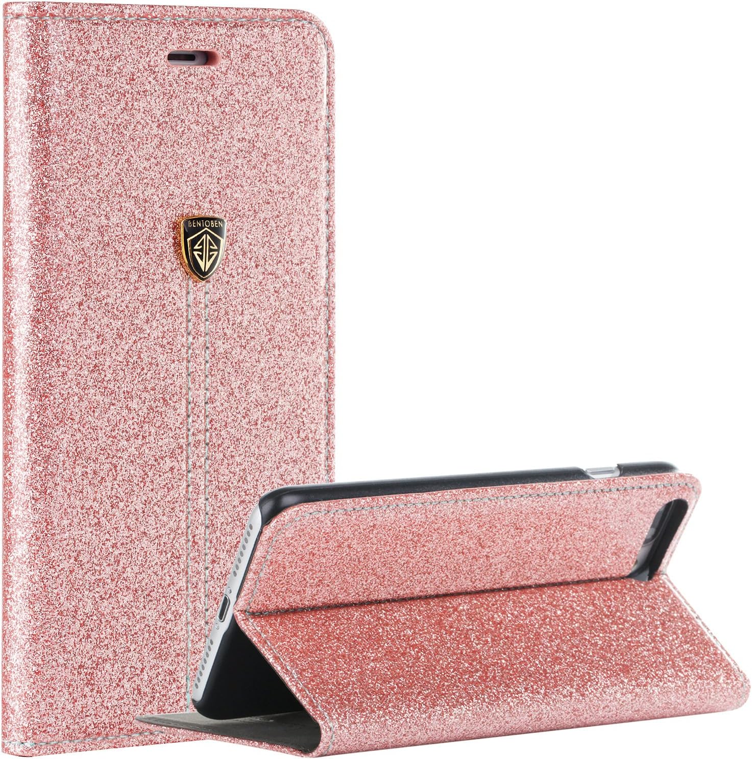 iPhone 7 Plus Case, iPhone 7 Plus Wallet Case, BENTOBEN Luxury Glitter Bling Sparkle Kickstand Wallet Credit Card Holder Fuax Leather Shockproof Protective Case for iPhone 7 Plus (5.5"), Rose Gold