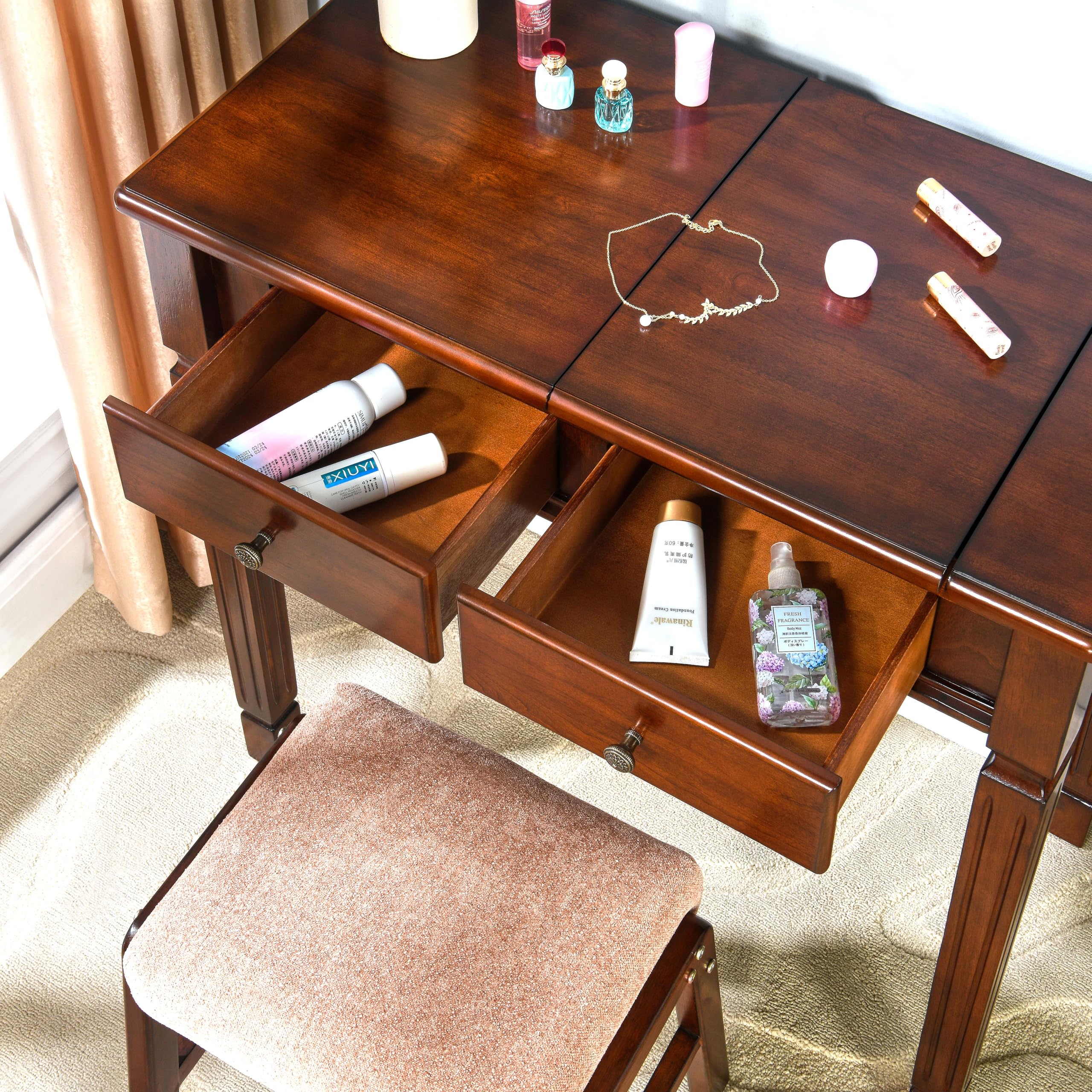 Kleiner Schminktisch mit klappbarem Spiegel und versteckten Stauraumfächern, Holz-Computer-/Schreibtisch mit 2 Schubladen, einfach zu montierender Frisiertisch Schlafzimmer, Dunkelkirschrot SZT-D0036
