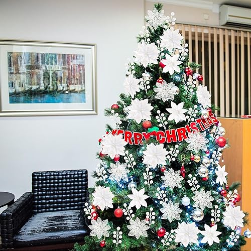 Miniatura 2 de Sggvecsy 30 piezas de 3 estilos de flores de pascua con purpurina de Navidad, púas de bayas artificiales, adornos para árbol de Navidad, flores