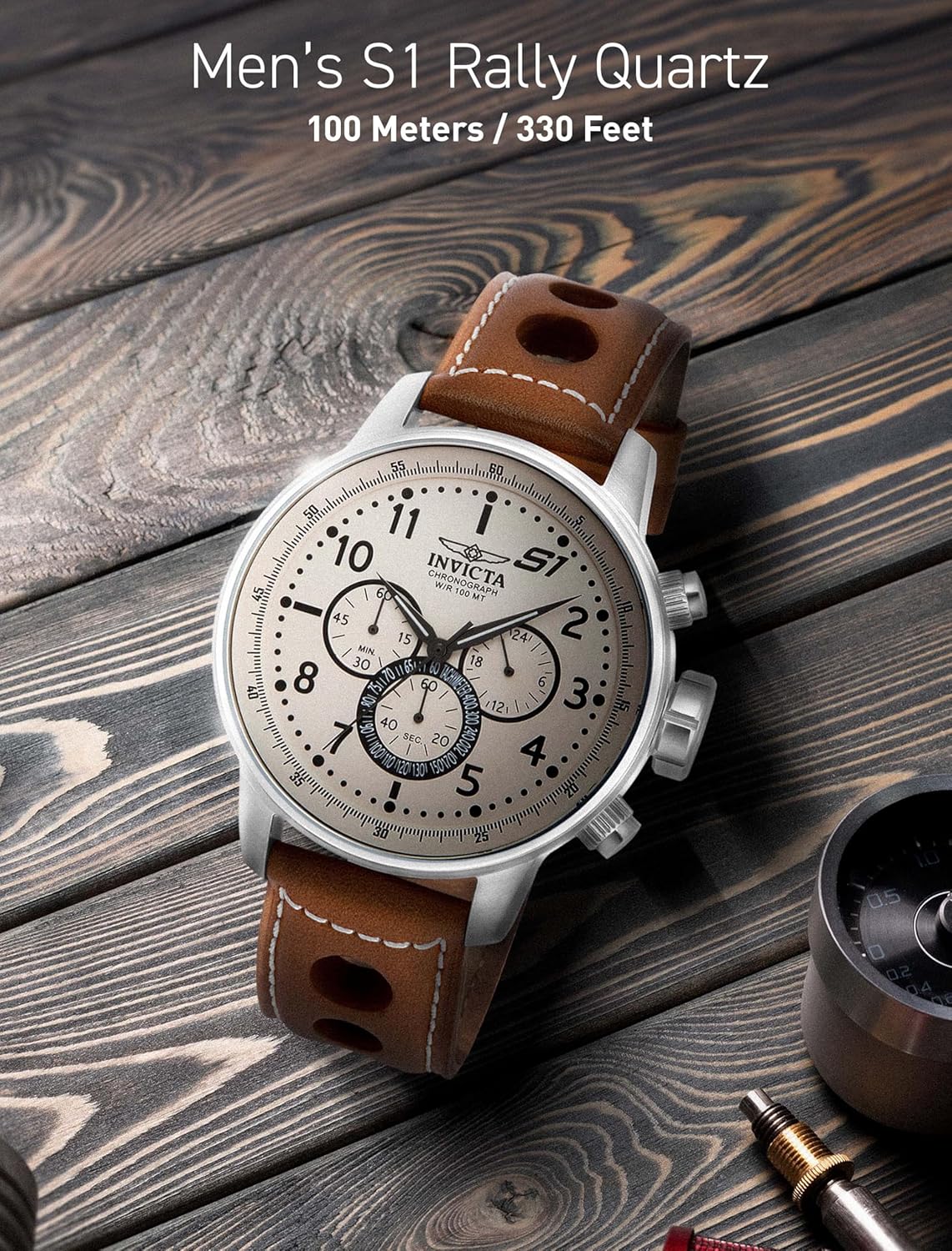 Invicta Men's S1 Rally Stainless Steel Chronograph Watch with Brown Leather Band Brown/White image 6 of 7 B00INNABYQ