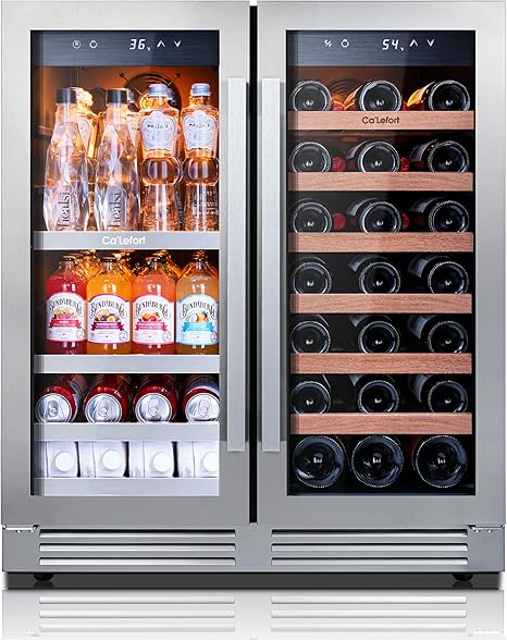 Ca'Lefort 30 Inch Wine and Beverage Refrigerator, 80 Can and 33 Bottle French Door Wine Refrigerator 36-72°F, 3 LED Wine Fridges with Glass Door, Built-in or Freestanding for Home/Kitchen (6.00 cu.ft)