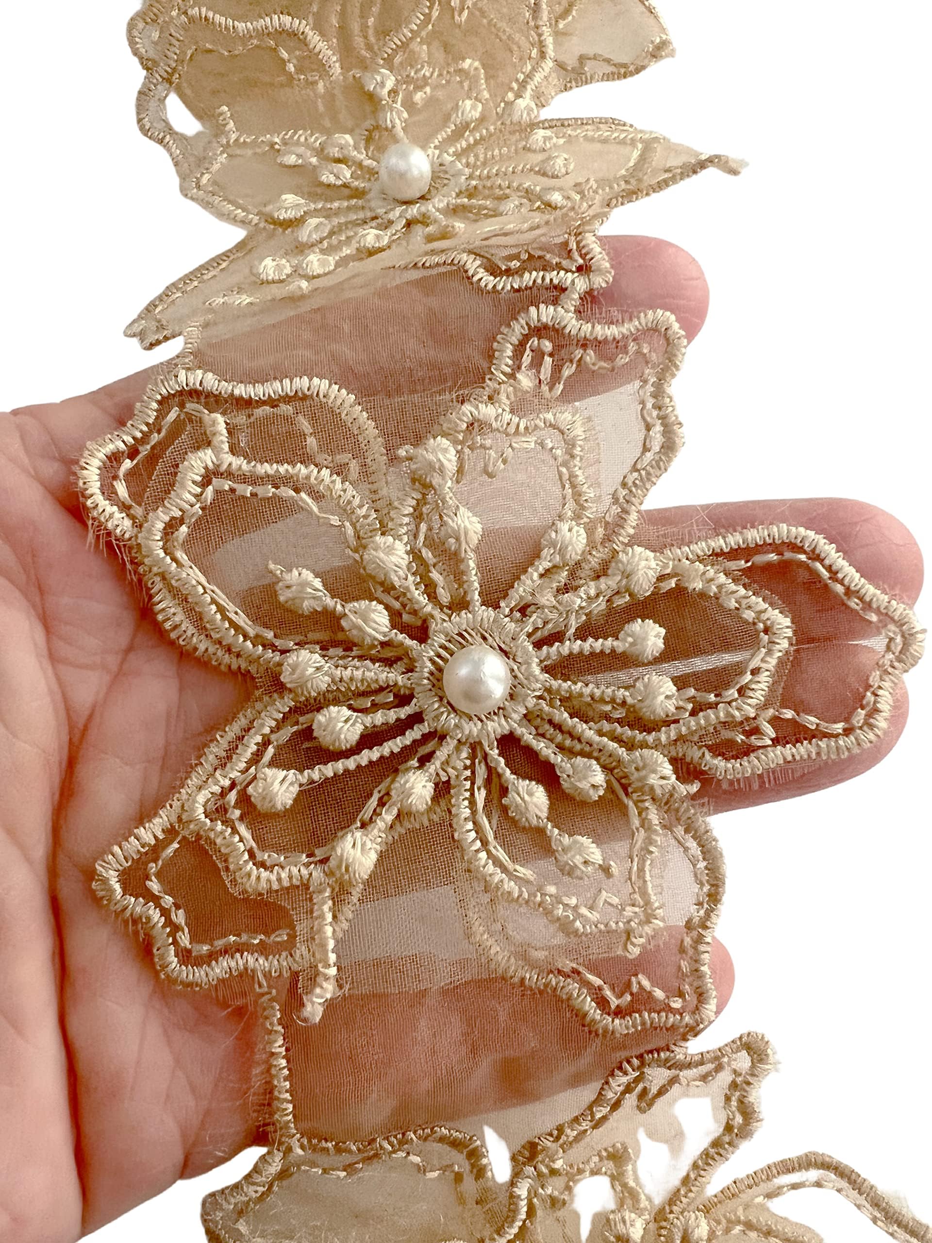 Amazon.com: 2 Yards 3D Pearl Beads Flower Lace Trim Ribbon Floral ...