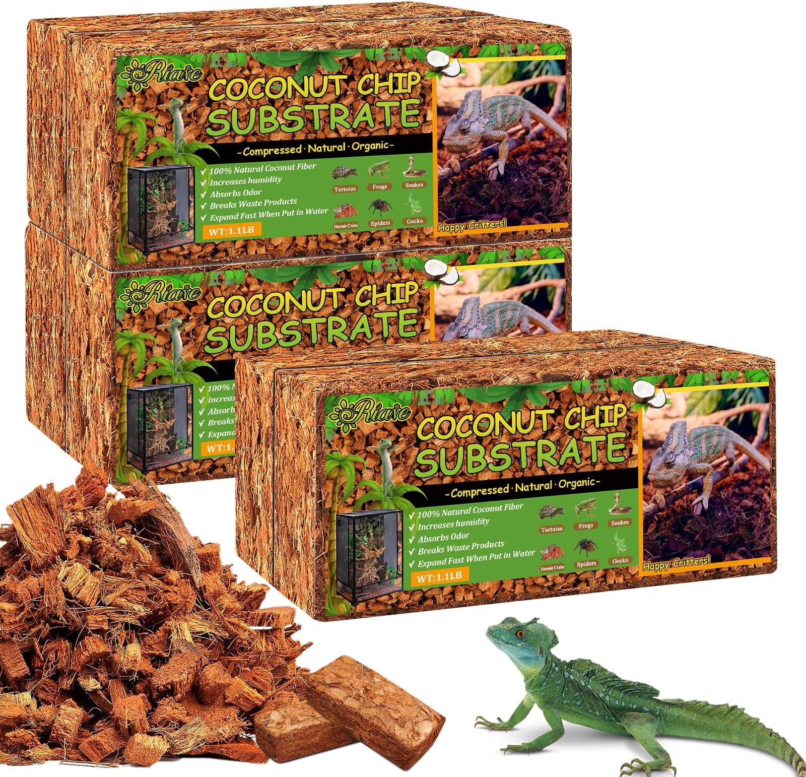 6 Pack Natural Coconut Chip Substrate for Reptiles- Compressed Coconut Husk Reptiles Bedding, Coco Husk Chip Terrarium Substrate for Snakes, Tortoises, Ball Python, Frogs, Bearded Dragon, Lizard