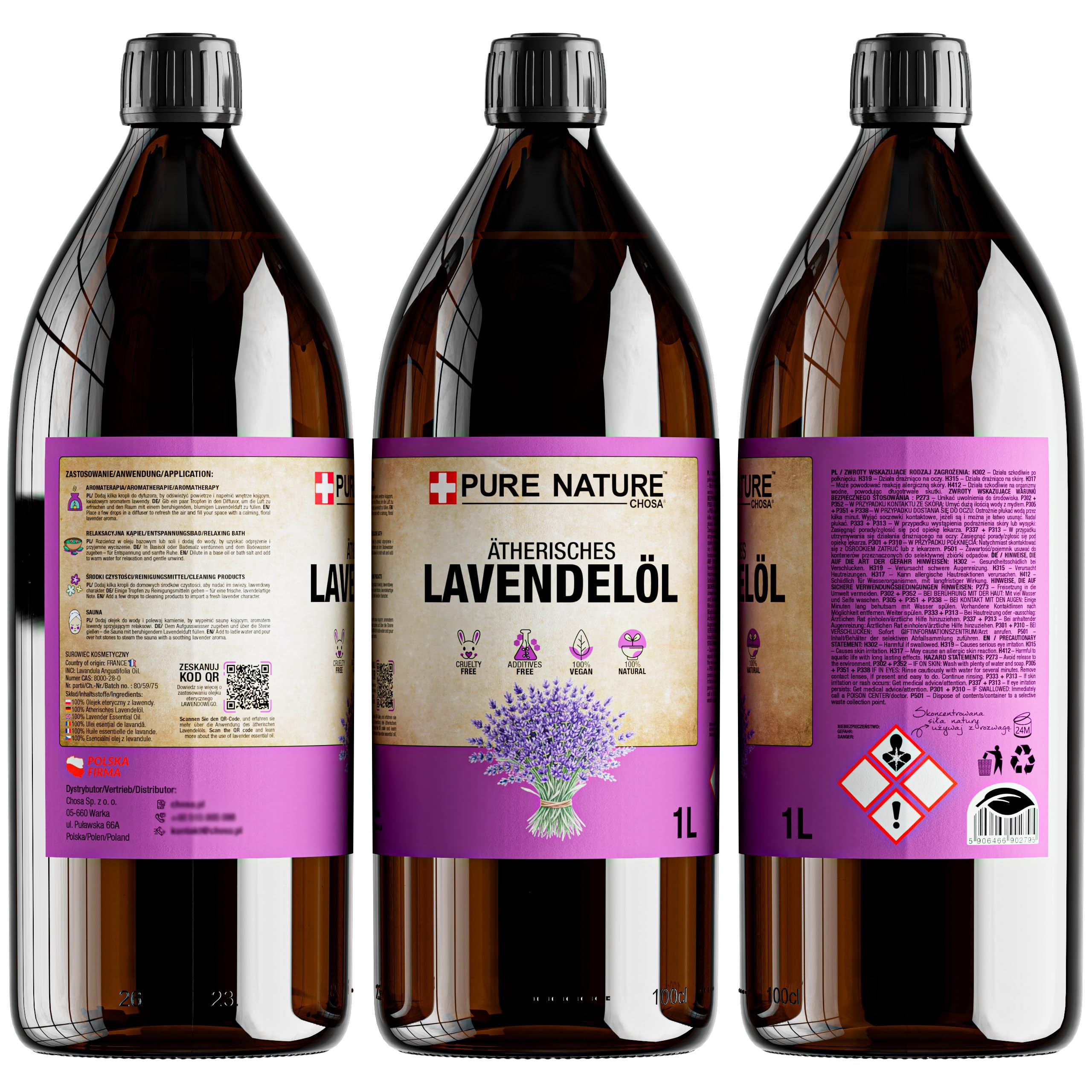 CHOSA Ätherisches Öl Lavendel 1000ml | 100% Natürliches Duftöl für Diffuser Aromatherapie, Luftbefeuchter, Sauna & Massage, Intensiver Raumduft