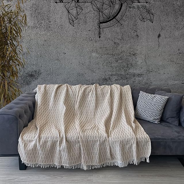 Milam London Large Natural Cotton Knitted Throw For Armchair Sofa Settee Couch Bed Farmhouse And Home Decor I Bedspread 170 x 200 cm Beige