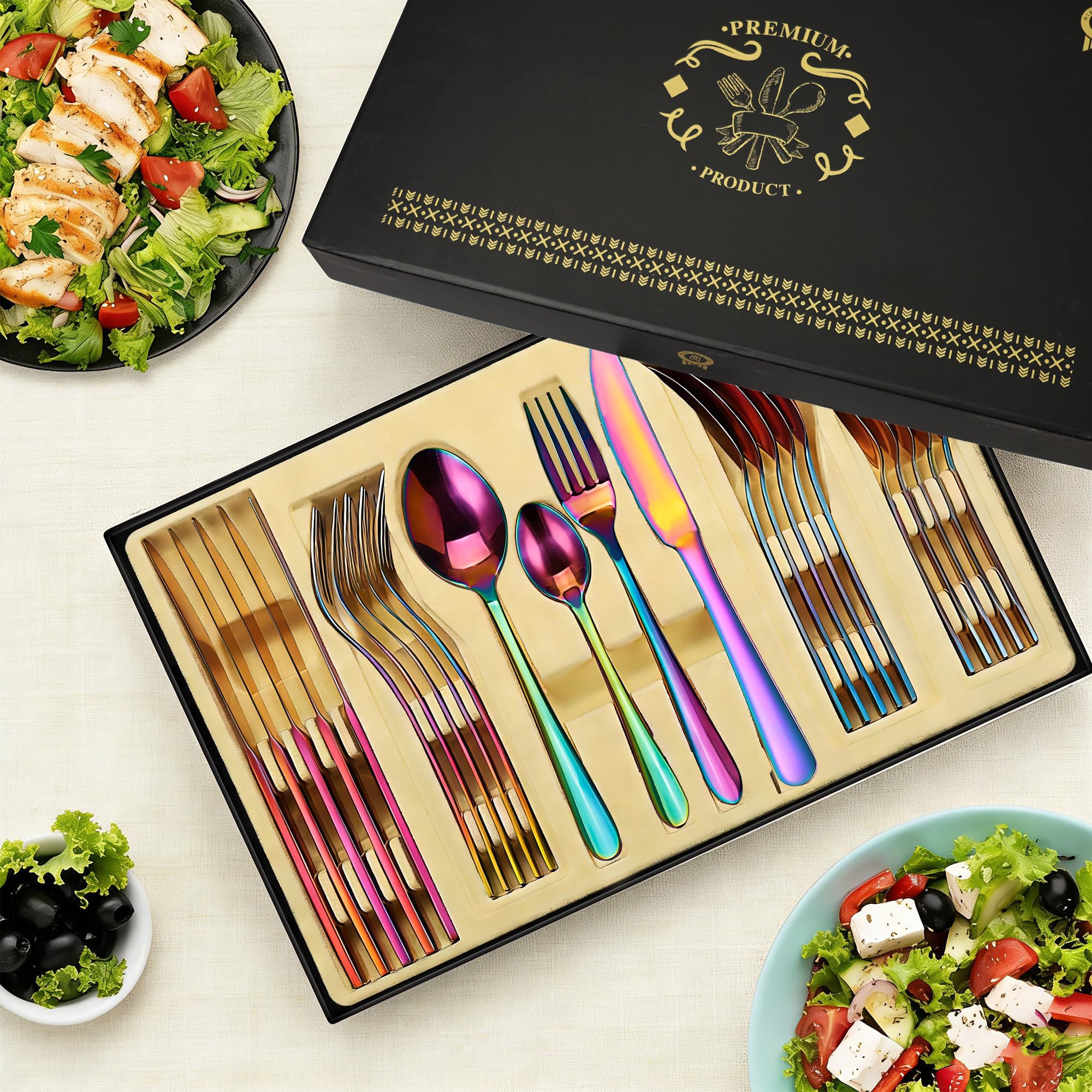 Juego de cubiertos arcoíris, 24 piezas de acero inoxidable pulido espejo, juego de utensilios de cocina para 6 personas, vajilla para el hogar y el restaurante con caja de regalo