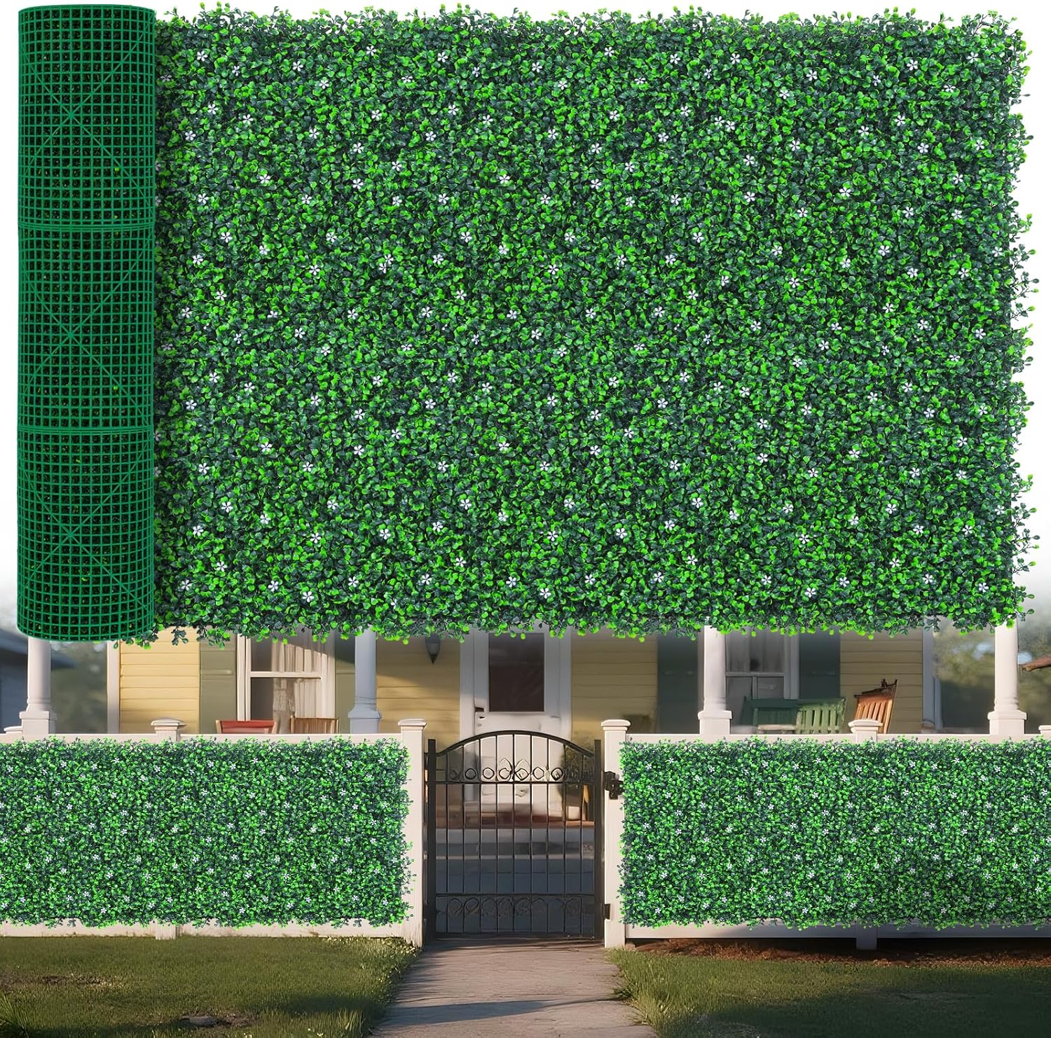 Boxwood Roll Panels with White Flower, 48"x120" (40 sqft) Artificial Ivy Privacy Fence Screen, UV-Anti Faux Boxwood Roll Grass Wall Panels for Garden Patio Balcony Decor