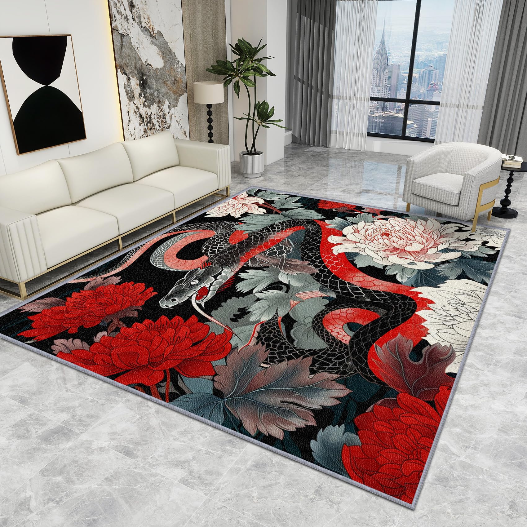 Japanese Rugs for Bedroom - Japanese Rug - Flower Tattoo Style Rugs, Flower Tattoo Style Carpet, Washable Rug Non Slip Low Pile Soft Large Area Rugs, Japanese Home Decor Gifts, 100 X 150 cm