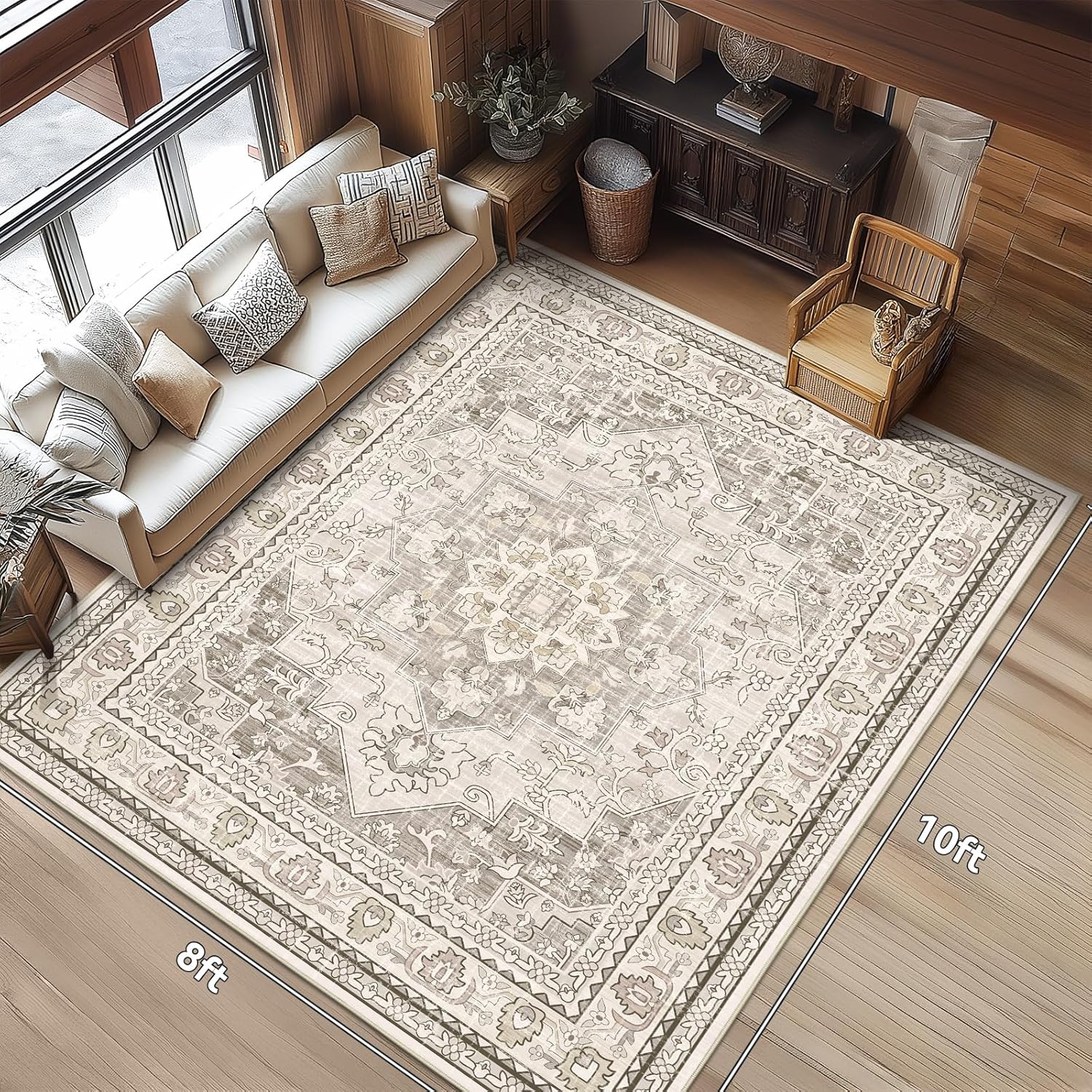 Beige 8x10 Findosom Area Rugs for Living Room, Non-Slip Soft Washable Rug with Vintage Medallion Pattern, Low Pile Faux Wool Large Boho Rugs for Bedroom, Ding Room, Entryway and Home Decor, Beige