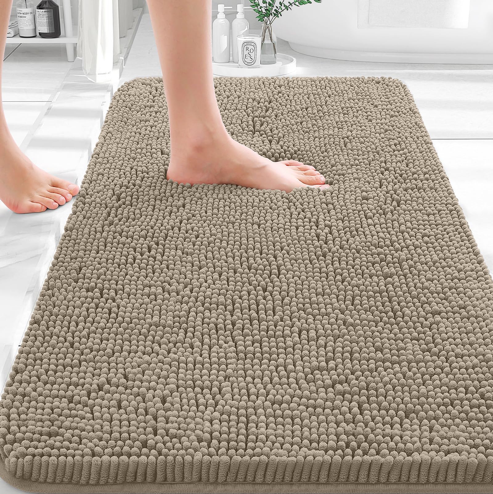 OLANLY Bathroom Rugs 35x24, Extra Soft Absorbent Chenille Bath Rugs | Warm Taupe, Quick-Drying Rubber Backing, Machine Washable Bath Mat for Bathroom Floor, Tub and Shower, Home Decor Accessories