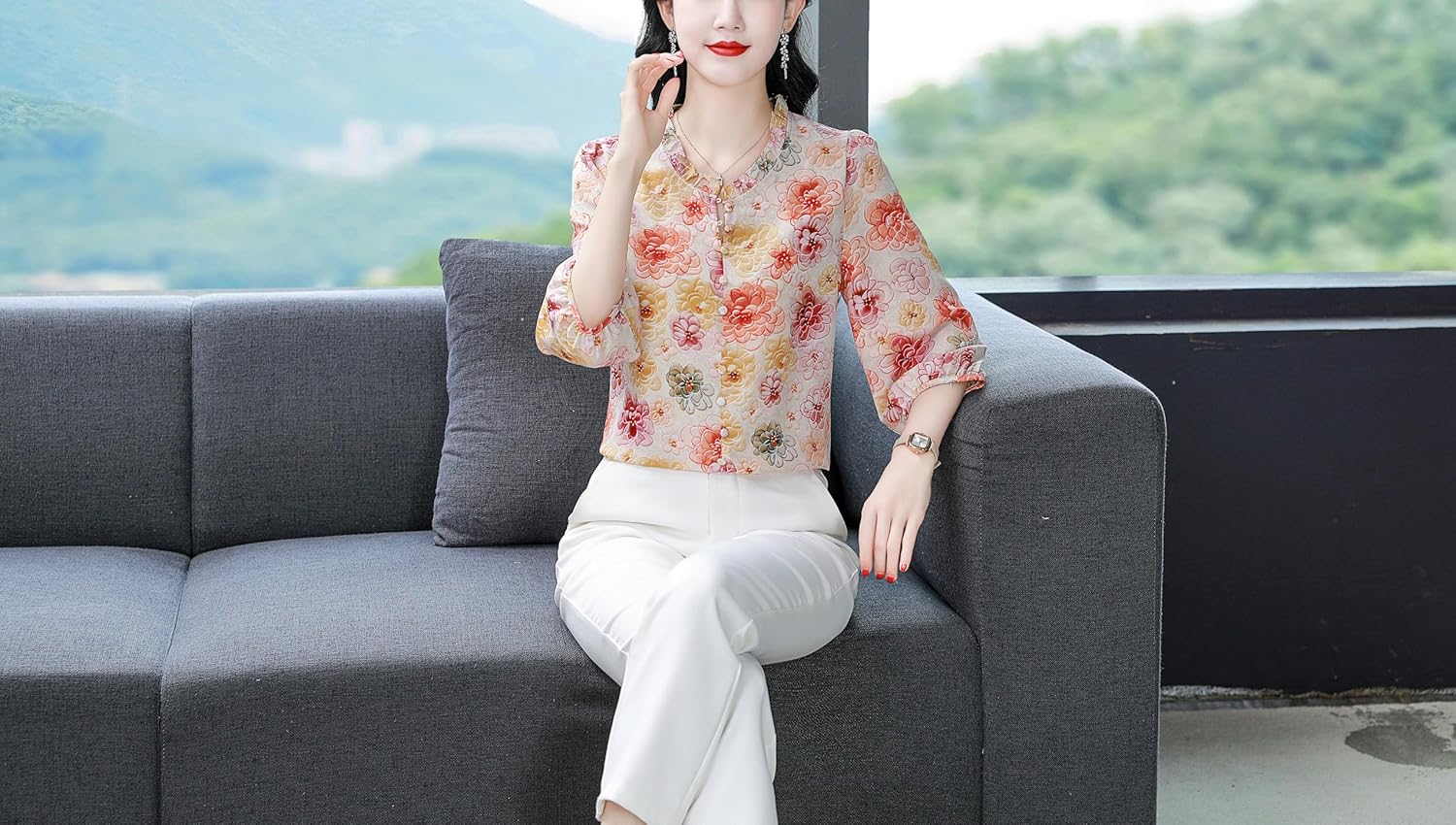 LAI MENG FIVE CATS Women's Casual Floral Print Ruffle Trim Button up Puff Sleeve Loose Blouses Top - Image 4
