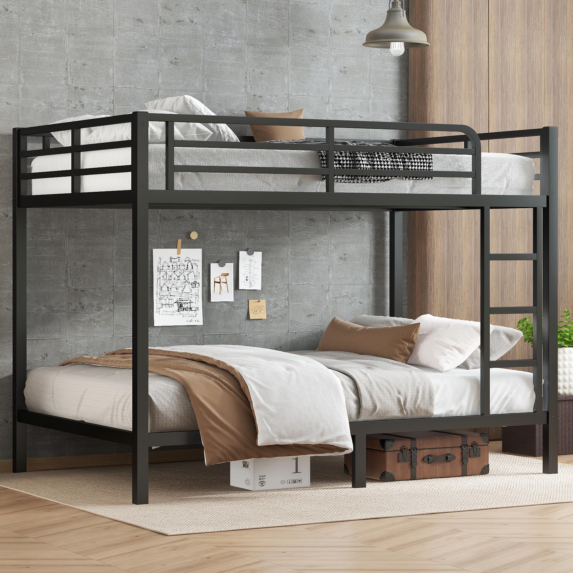 Harper & Bright Designs Full XL Over Full XL Metal Bunk Bed,Heavy Duty Metal Bunk Bed with Ladder and Guardlails,Space-Saving/Noise Reduced/No Box