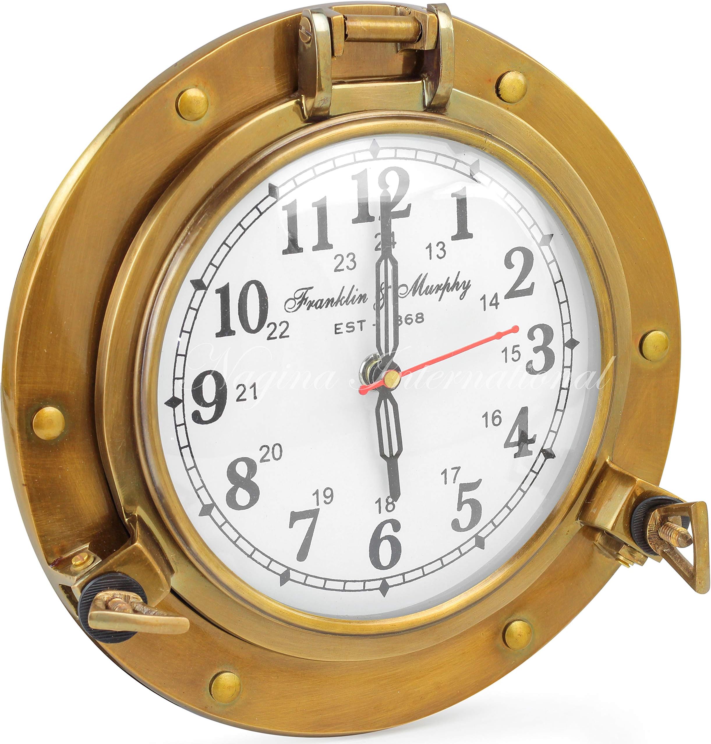 Nagina International Antique Brass Nautical Porthole Clock with Franklin Murphy's Analog Beautiful Clock Face Maritime Decor (Antique Brass)