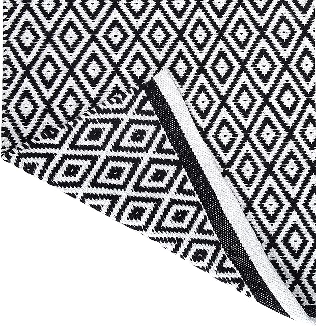 RAJRANG BRINGING RAJASTHAN TO YOU Black and White Cotton Area Rugs - 86 x 53 cm Machine Washable Reversible Woven Carpet Geometric Diamond Entryway Rug for Bedroom Kitchen and Laundry Room