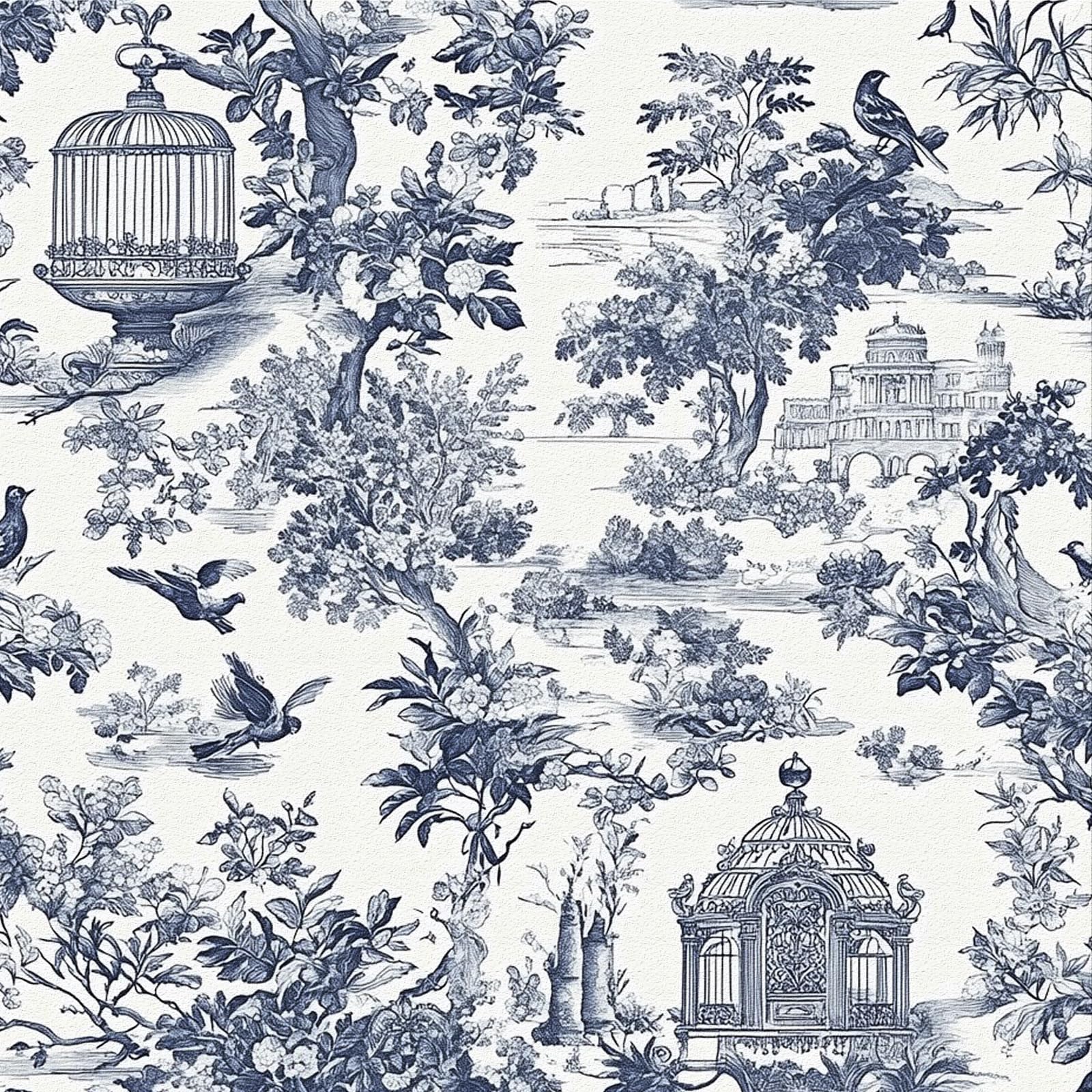 Self Adhesive Wallpaper Blue Floral Birds, 44 x 500 cm Peel and Stick Wallpaper Blue Rustic Flowers Birds Tree Plants Castles Self Adhesive Furniture Wrap for Living Room,Bathroom,Drawer,Cabinets