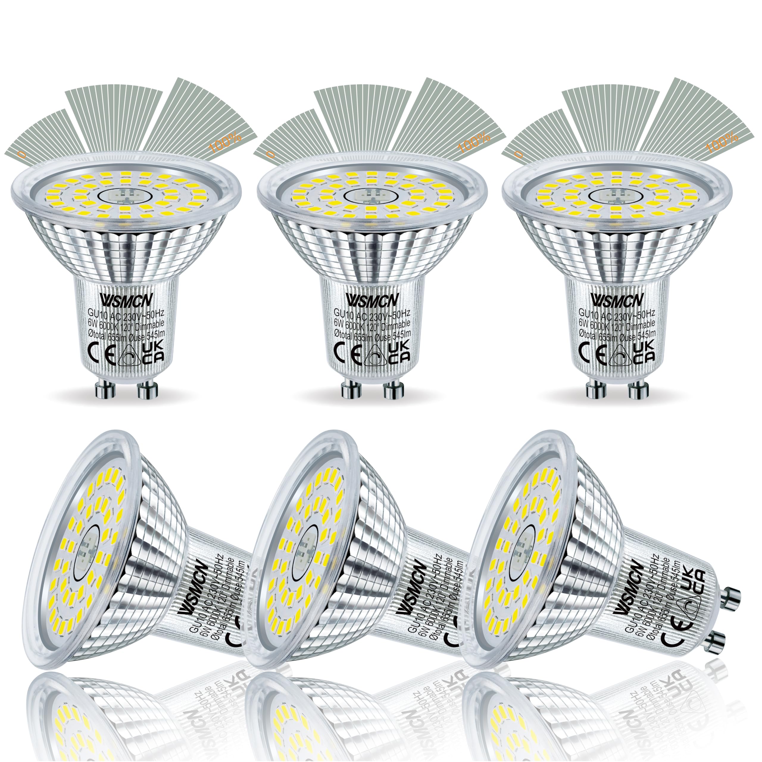 WSMCN GU10 LED Bulbs Dimmable 6W, Cool White 6000K 655LM, 75W Halogen Spotlight Bulb Equivalent, PAR16 Reflector Light Bulb