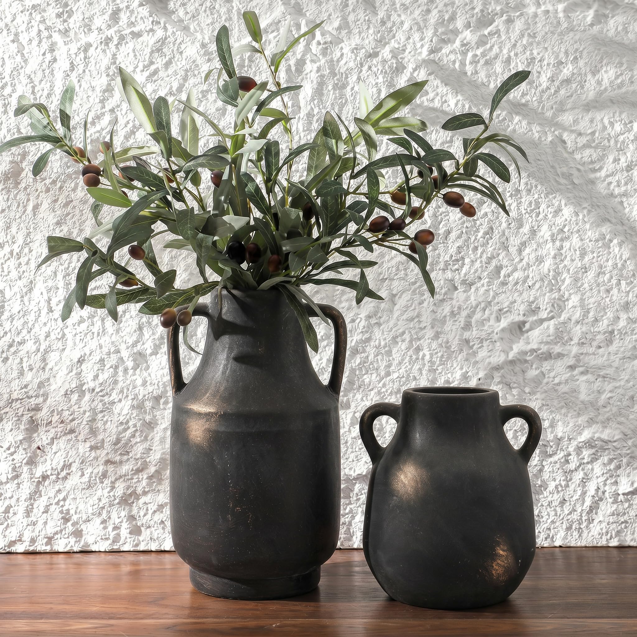 wazony ceramiczne z uchwytami, 2 sztuki duże dekoracyjne czarne wazony, wazony terakotowe w stylu wiejskim na dekorację wnętrz, rustykalne wazony vintage do salonu, kuchni, sypialni, biura