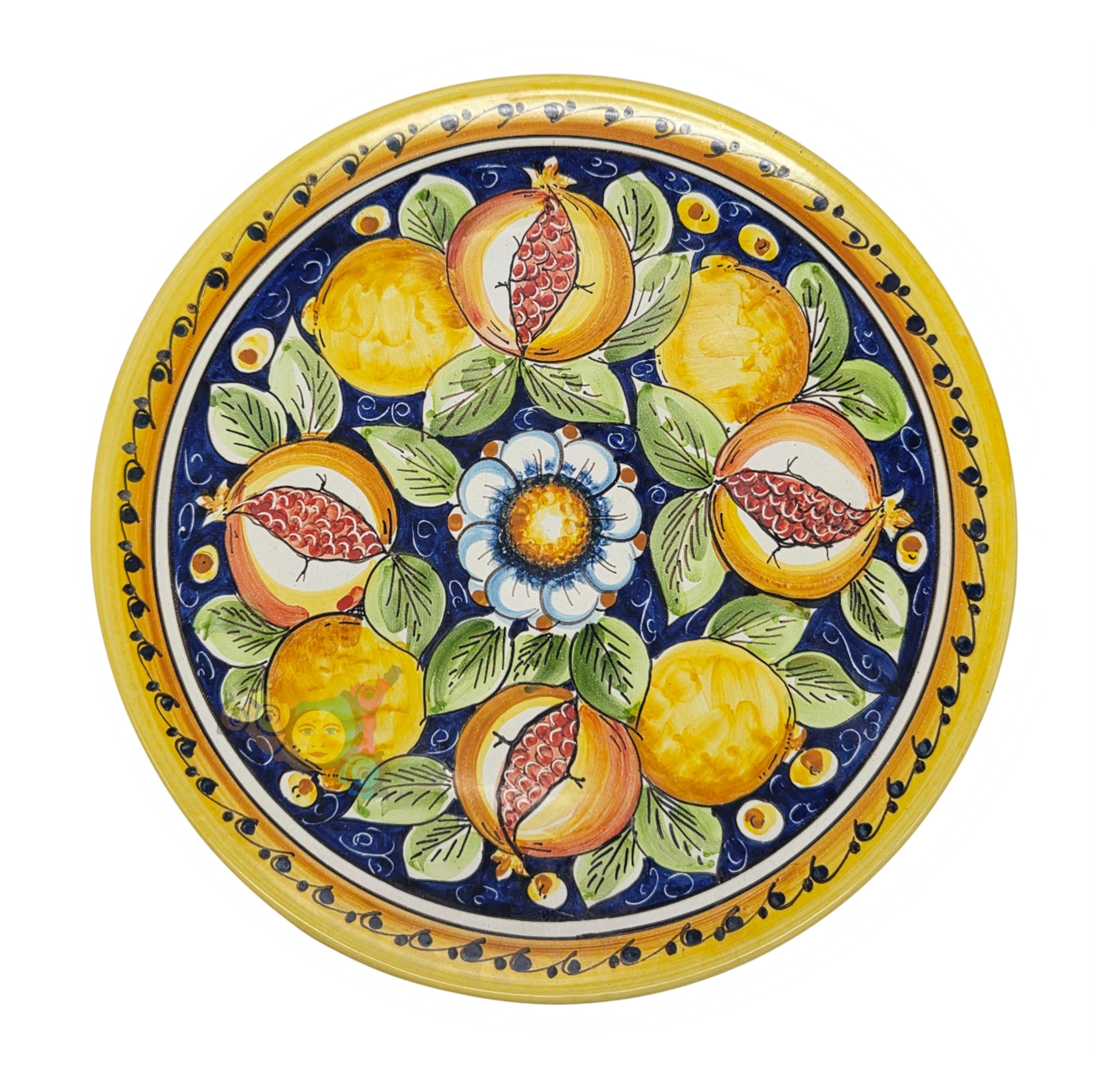 Piatto in Ceramica di CALTAGIRONE Decorazioni ARTISTICHE Dipinto a Mano Melograno e Limoni Blu Diametro 37 Piano