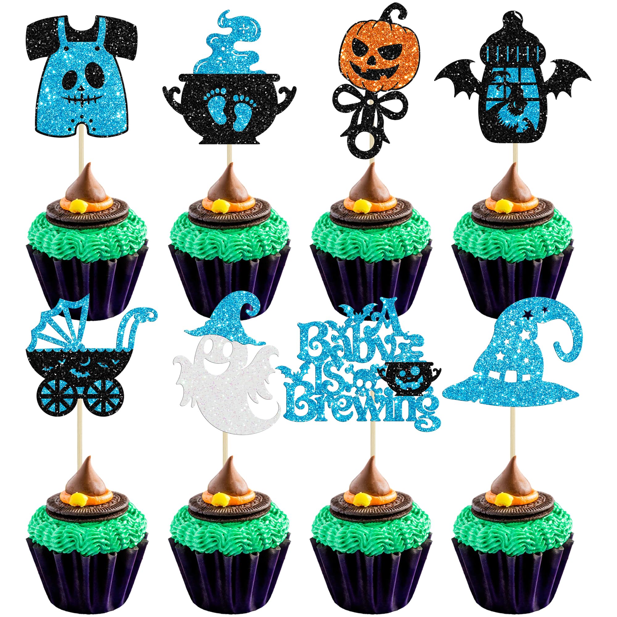 Gyufise 24Pcs Halloween Oh Baby Cupcake Toppers A Baby is Brewing Cupcake Picks Witch Hat Pumpkin Ghost Cake Decorations for Happy Halloween Theme Party Baby Shower Birthday Party Supplies Blue