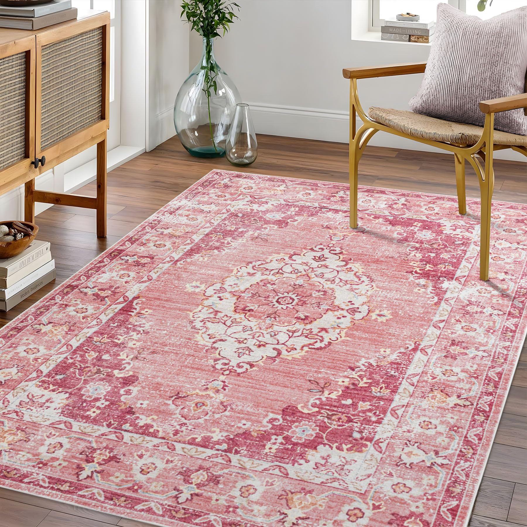 Taleta Washable Rugs Living Room Large Pink Non Slip Vintage Rugs for Bedroom Soft Short Pile Oriental Area Carpet for Kitchen Dining Room (Pink, 120 x 170 cm)