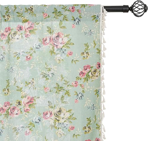Miniatura 15 de Cenefa de mezcla de lino floral para ventana de 20 pulgadas de largo, cenefas de cortina de cocina con borlas, rosa rosa, retro, elegante, cortinas
