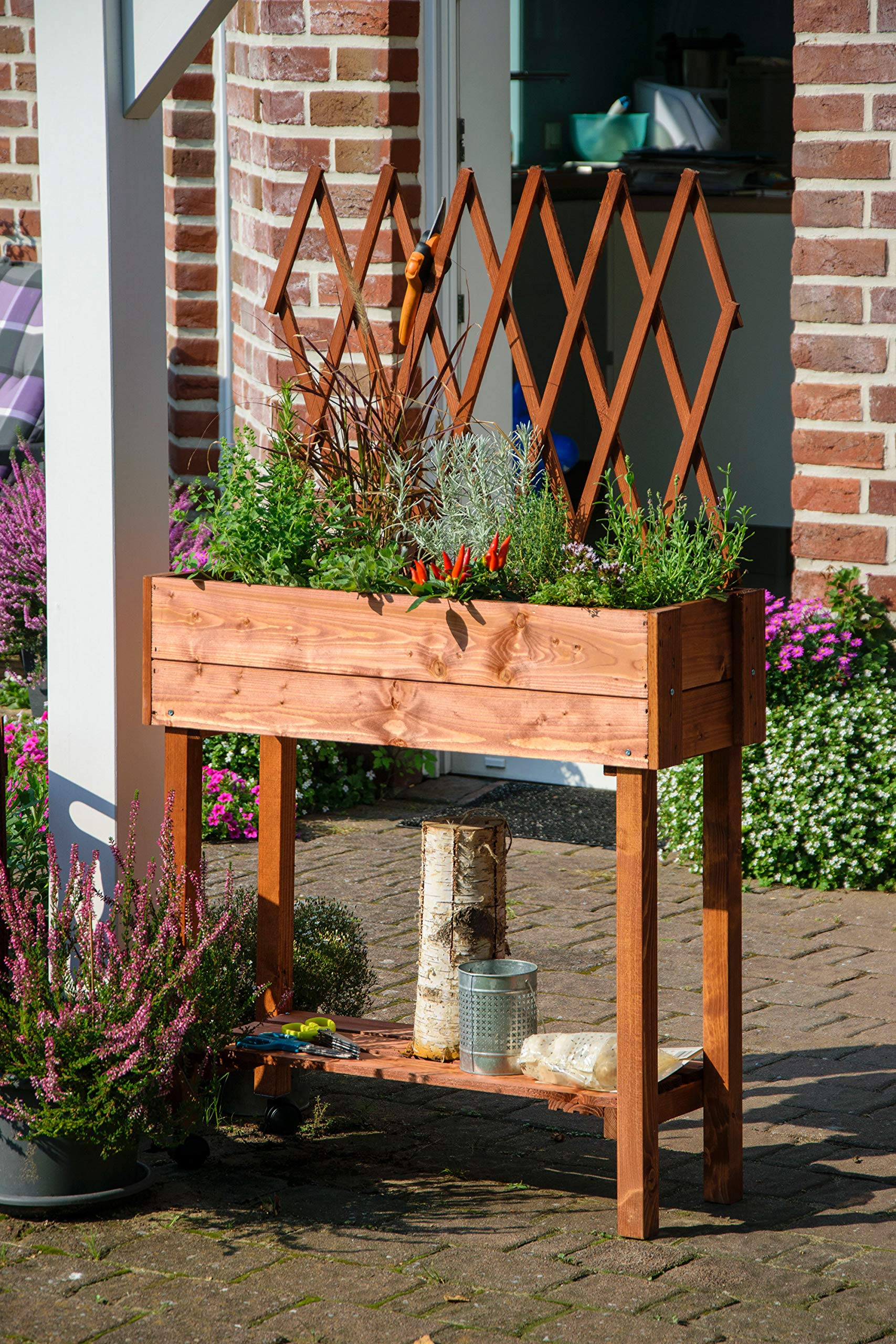 dobar 58187e - Aiuola rialzata Arrotolabile con Traliccio | Fioriera su Ruote | aiuola in Legno Massiccio | aiuola Sottile per Giardino/terrazze/Balcone | 79 x 28,5 x 130 cm | Marrone