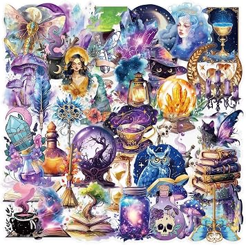 50-Piece Mystical Witchy Fantasy Aesthetic Sticker Magical Witchcraft Stickers with Crystals, Moons, Witches, Owls, Potions, Cauldrons, Mushrooms for Scrapbooking, Journals, Laptops, Gifts