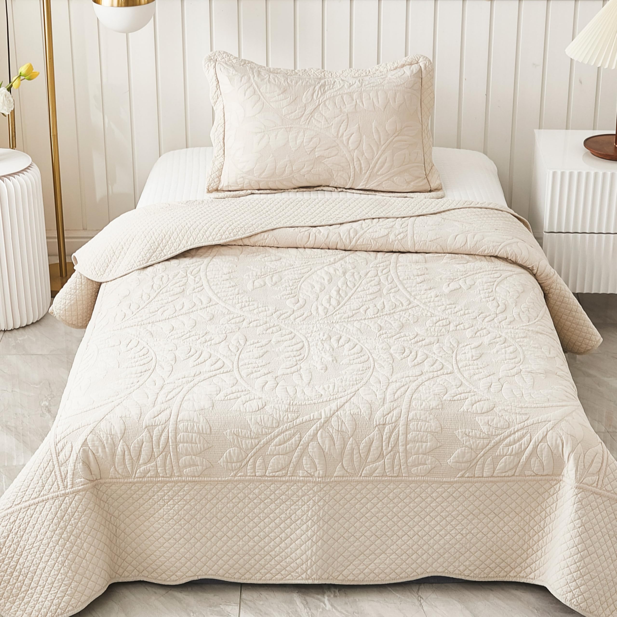 MarCielo 3-Piece 100% Cotton Oversized Bedspread Lightweight Quilt Coverlet Embroidery Farmhouse Bedding Set T0 (Yellowish Beige, Twin (68"x86"))