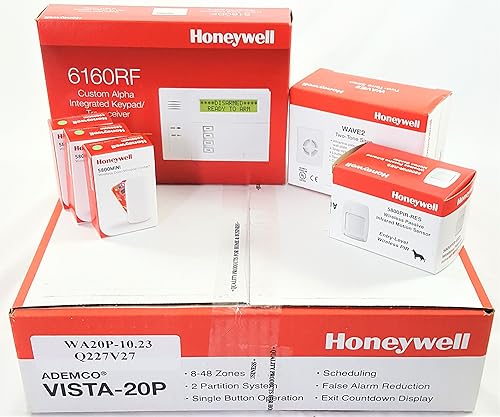 Kit inalámbrico Honeywell Vista 20P con teclado 6160RF, un sensor de movimiento 5800PIR-Res, tres contactos de puertaventana 5800MINI y una sirena