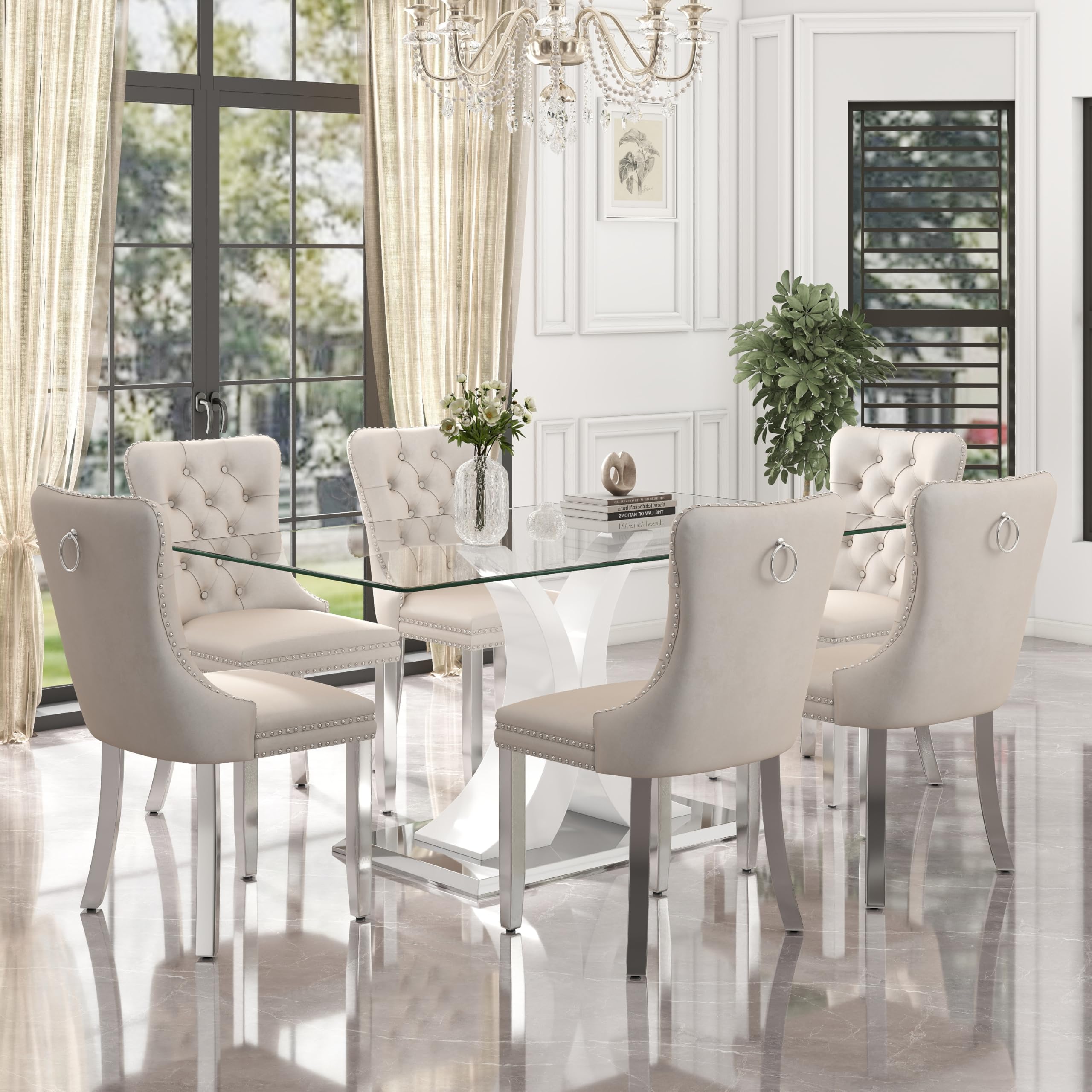 HAIZAO 7 Pieces Modern Luxury Glass Dining Set, Large Minimalist Rectangle Dinner Set for 6, 63'' Clear Glass Top Kitchen Table Set with White &