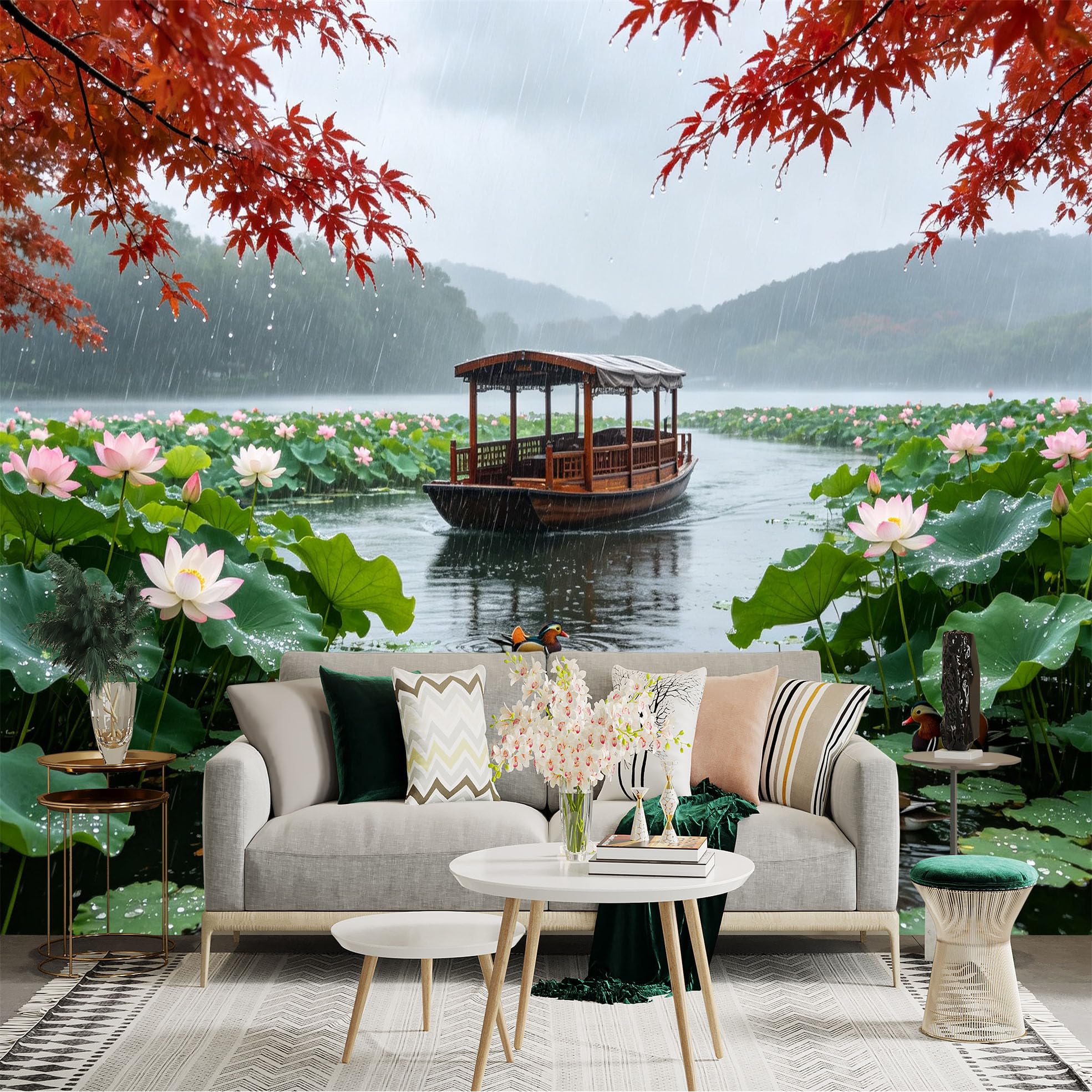 Custom Size Wall Sticker Mural， Rainy Lake with Wooden Boat， Blooming Lotus Flowers and Waterfowl， for wall Decoration， peelandstick wall Decals.