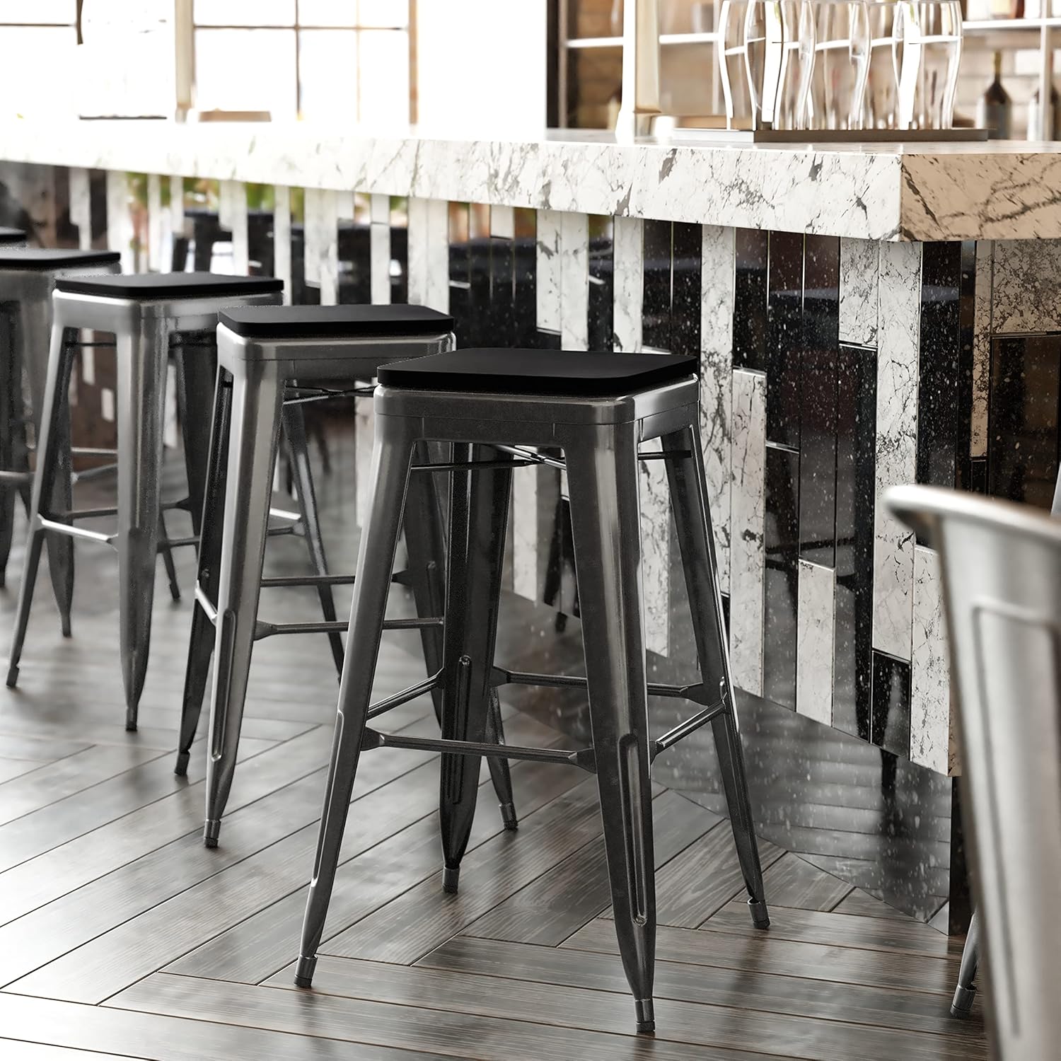 EMMA + OLIVER Kam 30" High Backless Bar Stool - Black Metal Frame - Black Polyresin Seat - for Indoor/Outdoor Use