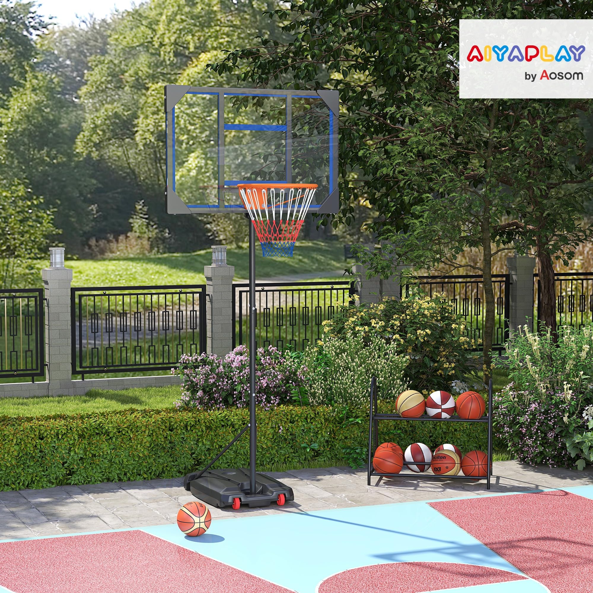 AIYAPLAY Panier de Basket, Hauteur réglable de 210-260 cm, Panier de Basket extérieur et intérieur avec Roues, Base de lestage, Cadeau pour garçon et Fille, Bleu