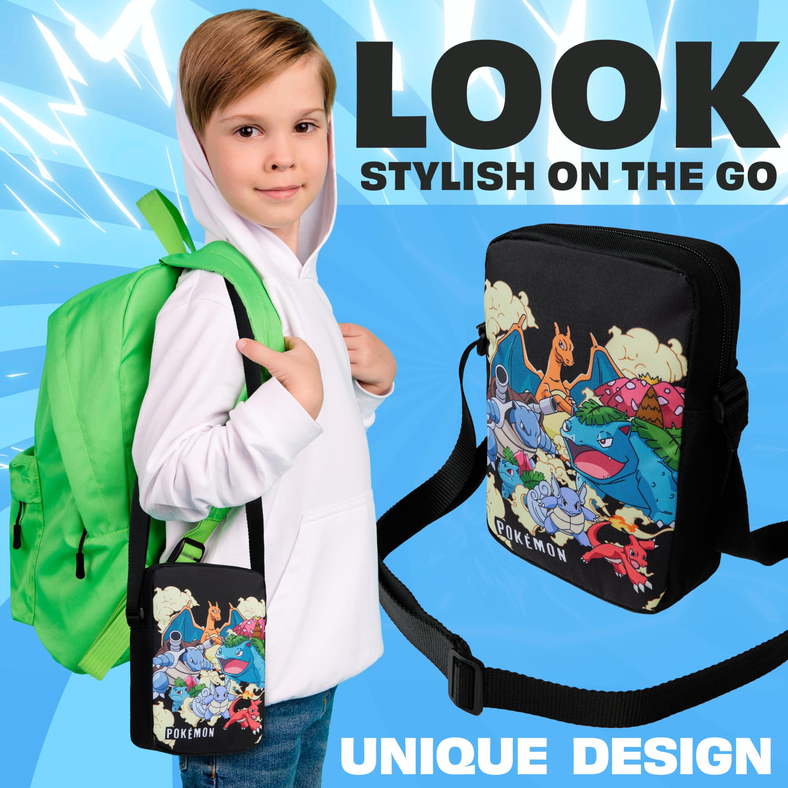 Pokemon Crossbody Bag for Kids, Small Shoulder Bag for Travel, Pikachu Gengar Eevee, Anime Gifts for Girls