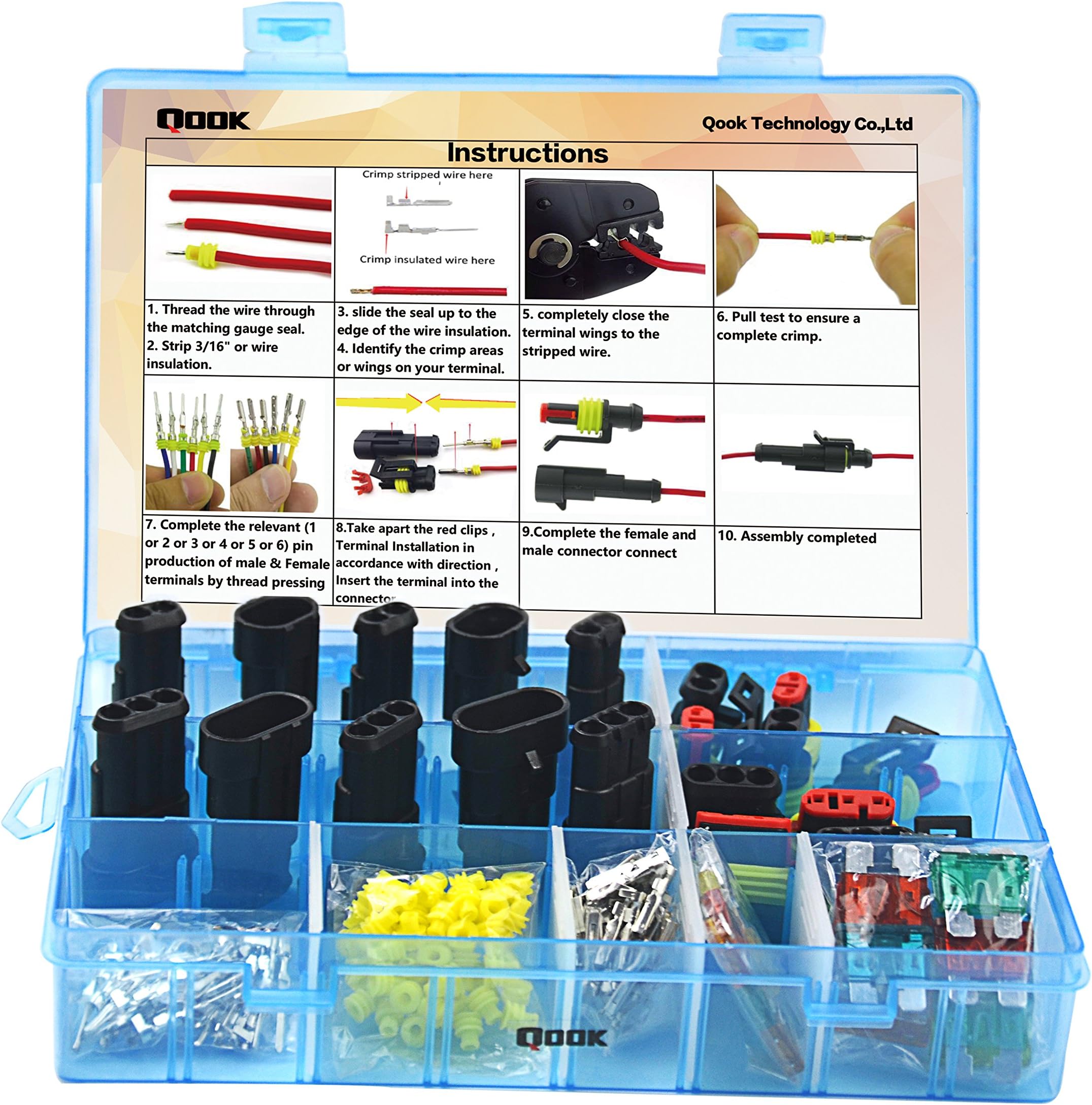 10 Set Car Waterproof Electrical Connector Plug Terminals Heat Shrink 2/3 Pin Way with 24Pcs Fuses, Blue Clear Box