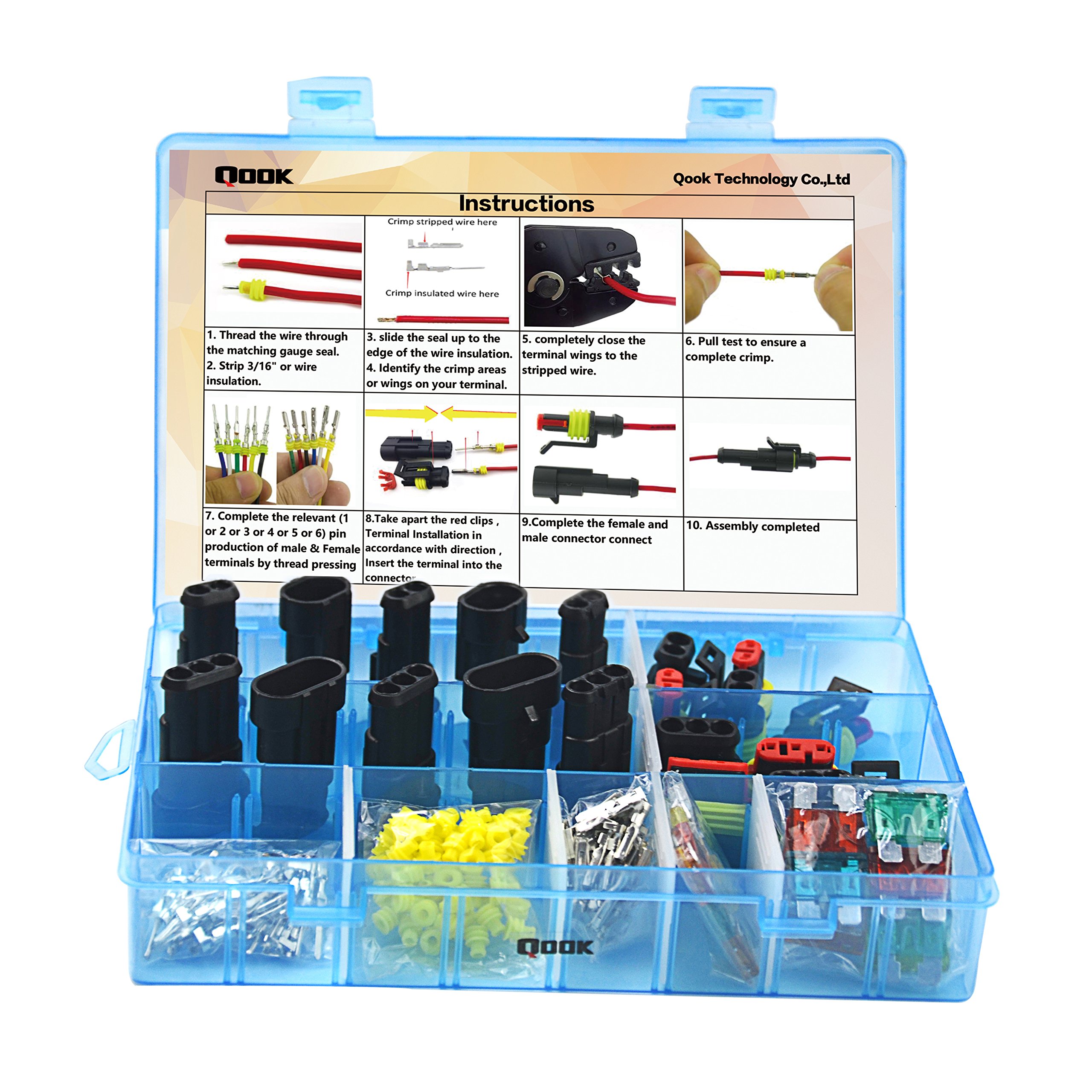 10 Set Car Waterproof Electrical Connector Plug Terminals Heat Shrink 2/3 Pin Way with 24Pcs Fuses, Blue Clear Box