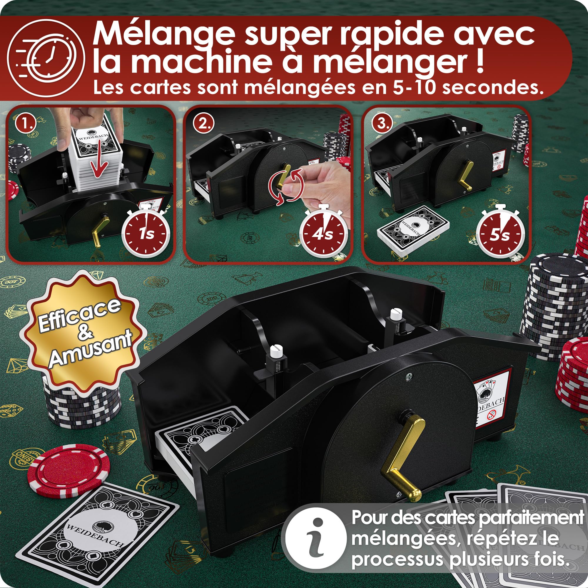 WEIDEBACH® Mélangeur de Cartes Noir avec Manivelle Dorée pour Jeux Standard, 2 Jeux & Manivelle de Rechange, Appareil de Mélange avec Li