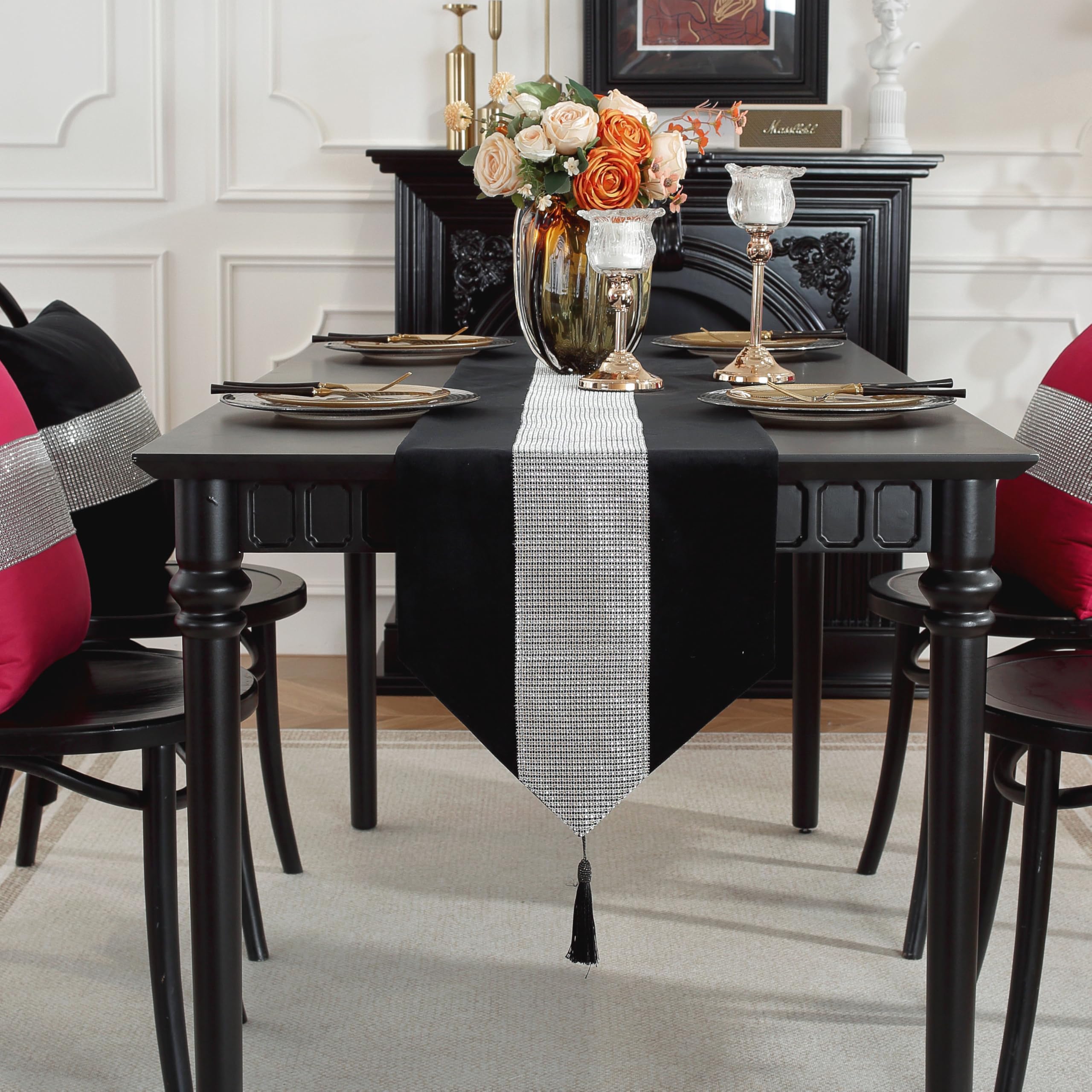 TAOSON Luxury Matching Sequin Patchwork Velvet Table Runner with Silver Diamante Strip and Tassels Wrinkle Table Runners for Kitchen Dining Tabletop Decoration (13 x 87 Inch) Black