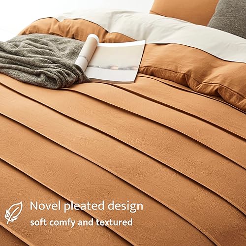 Miniatura 3 de Oli Anderson Funda de edredón de color marrón calabaza, funda de edredón plisada tamaño King, juego de ropa de cama texturizada suave y transpirable