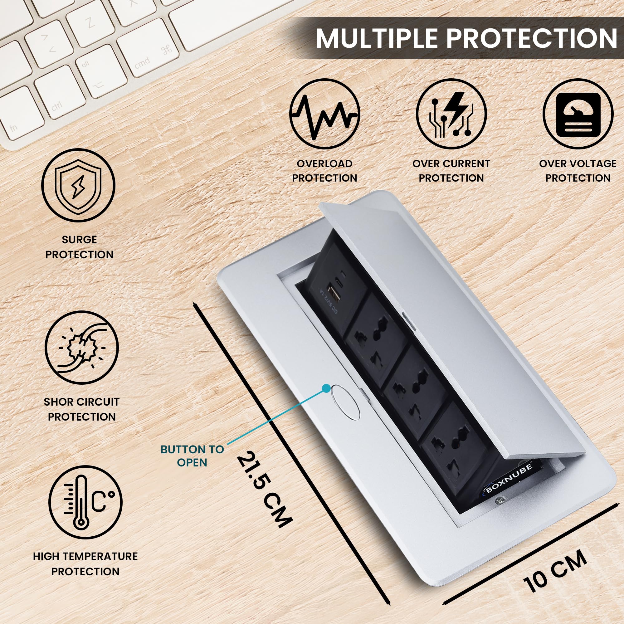 BOXNUBE Hydraulic Pop UP Box Cable Cubby Extension Board with 3 x Universal Power Sockets & 1 x USB Type C & 1 x USB A Ports (Silver) 1