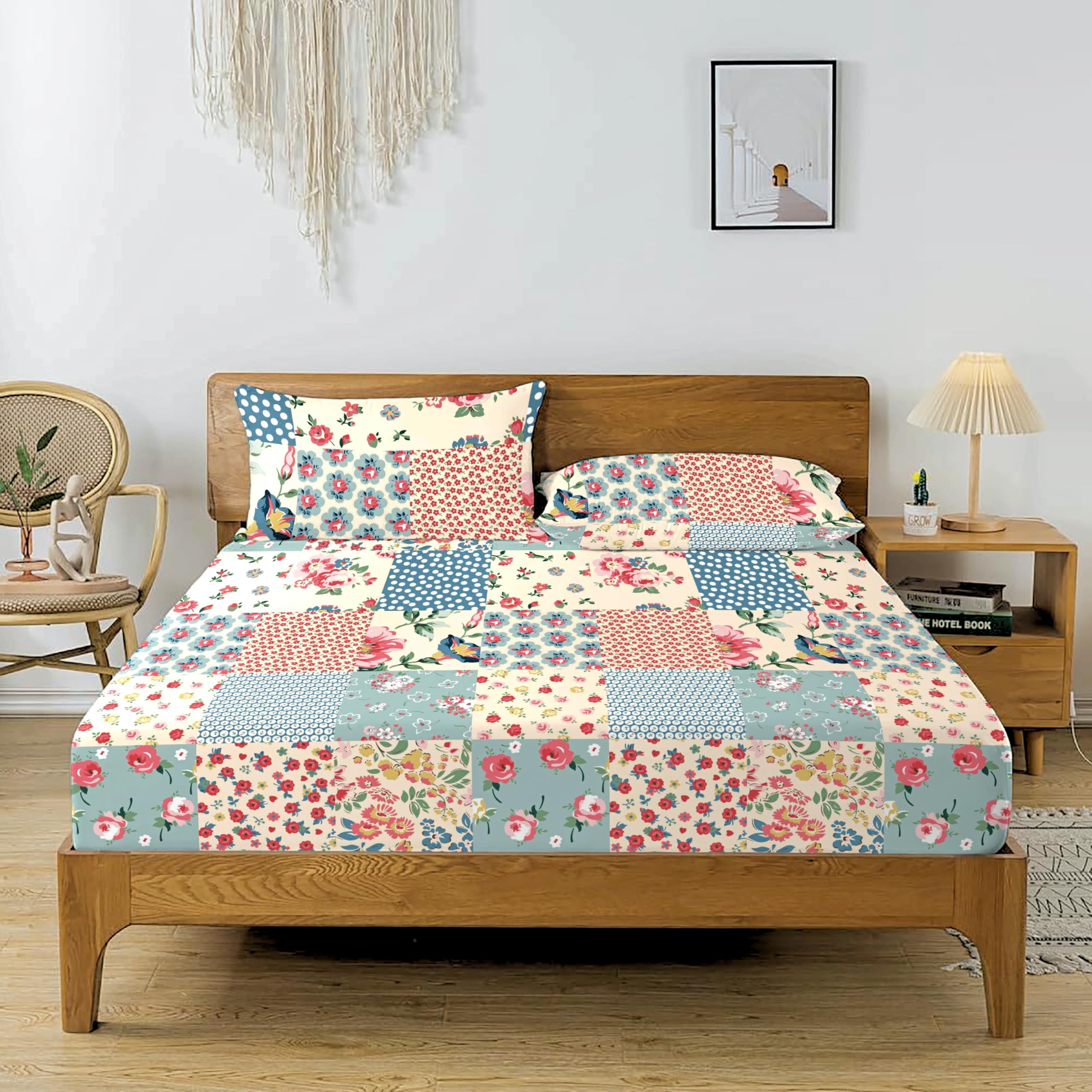 Apala Cotton Feel Glace Cotton Floral King Size Double Bed Bedsheet with 2 Pillow Covers, Size,- 90x100 Inches, (Cream)-image-49