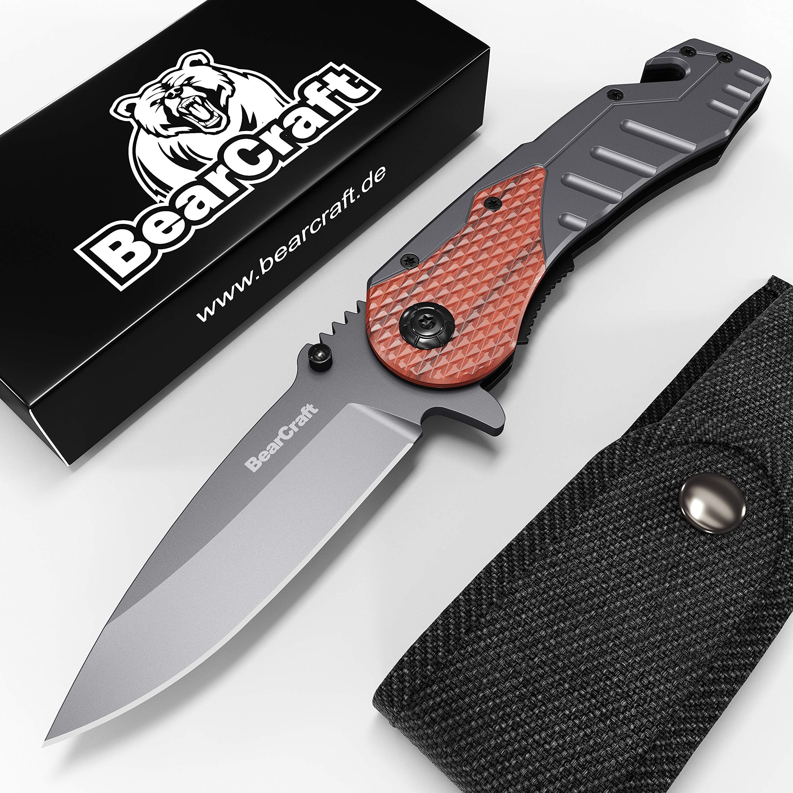 BearCraft Folding Knife inclusive **FREE eBook** | Outdoor Survival pocket knife with wood insert | Small one-hand knife made of stainless steel | Ideal for recreational work hiking camping