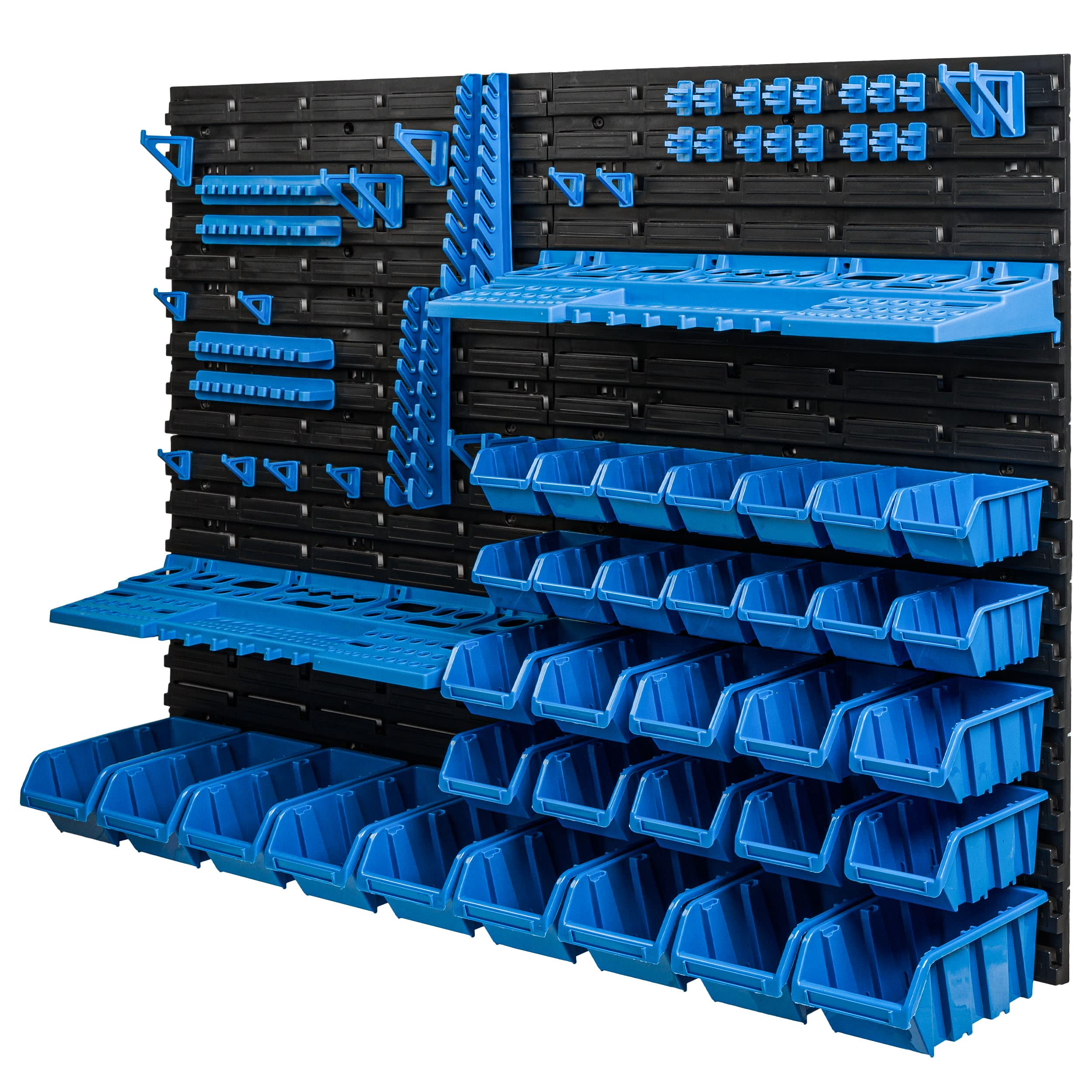 botle 33 scatole impilabili da parete, in plastica, porta attrezzi da muro 117 x 78 cm, per magazzino, scaffale porta attrezzi da lavoro, contenitori per garage blu
