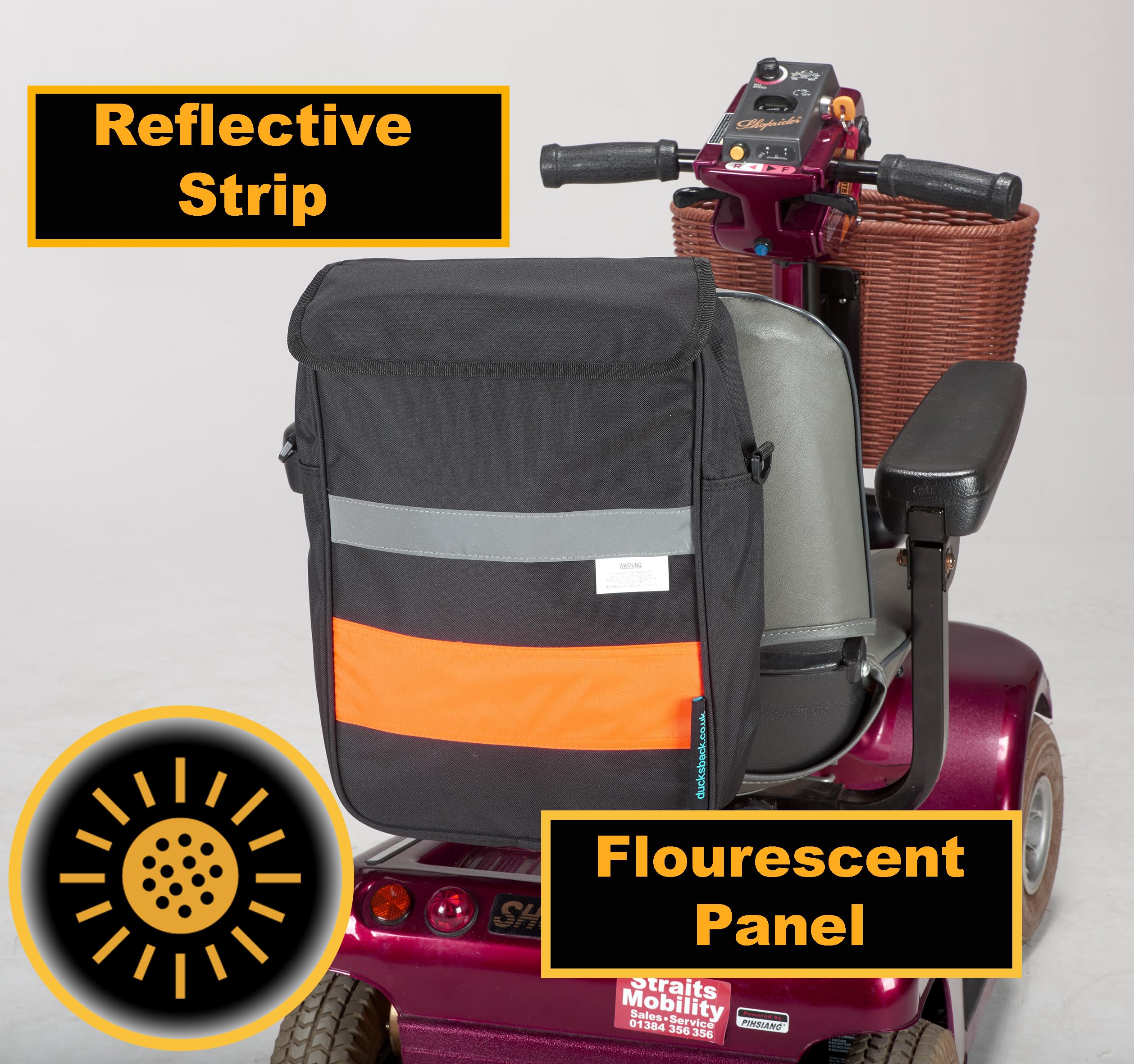 Ducksback Borsa per Scooter per disabili Deluxe Borsa per la Spesa e la conservazione con Cerniera Fluorescente, Nero e Arancione, L
