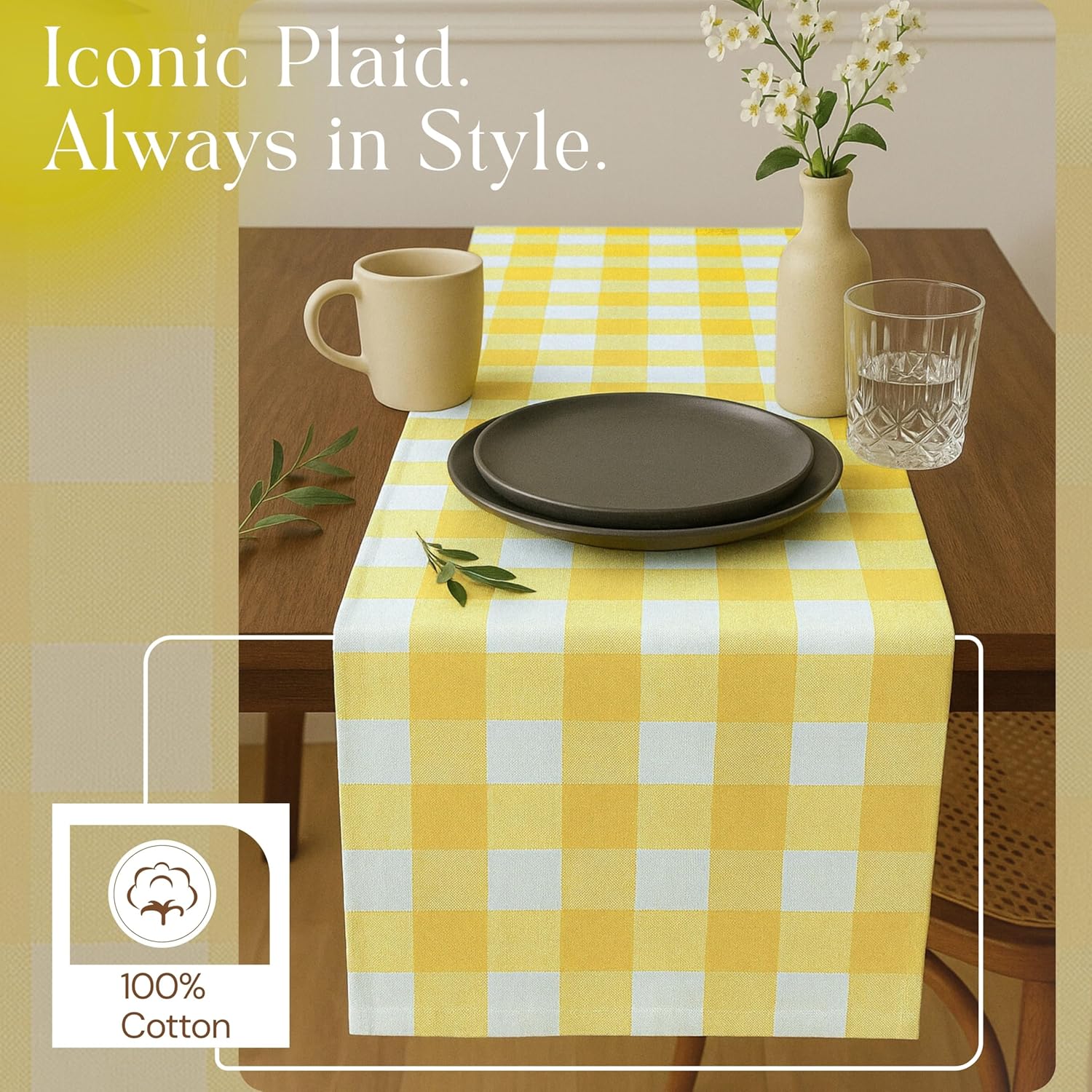 Lemon Yellow Buffalo Check Table Runner, 13x108 Inches, 100% Cotton, Washable, Reusable Farmhouse Dining Table Linen, Bright Summer Décor for Weddings, Baby Showers & Everyday Dining