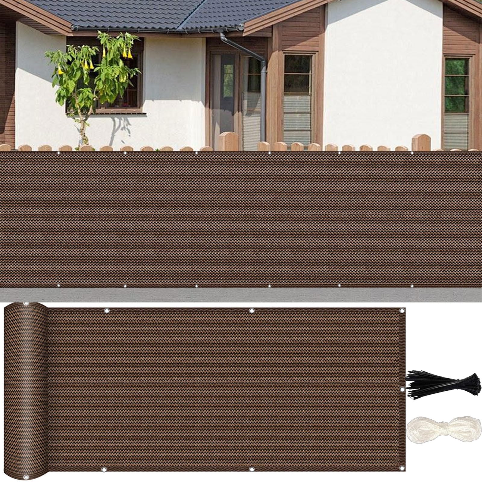 Brise vue brun 90x470 cm avec oeillets pour occultation de balcon